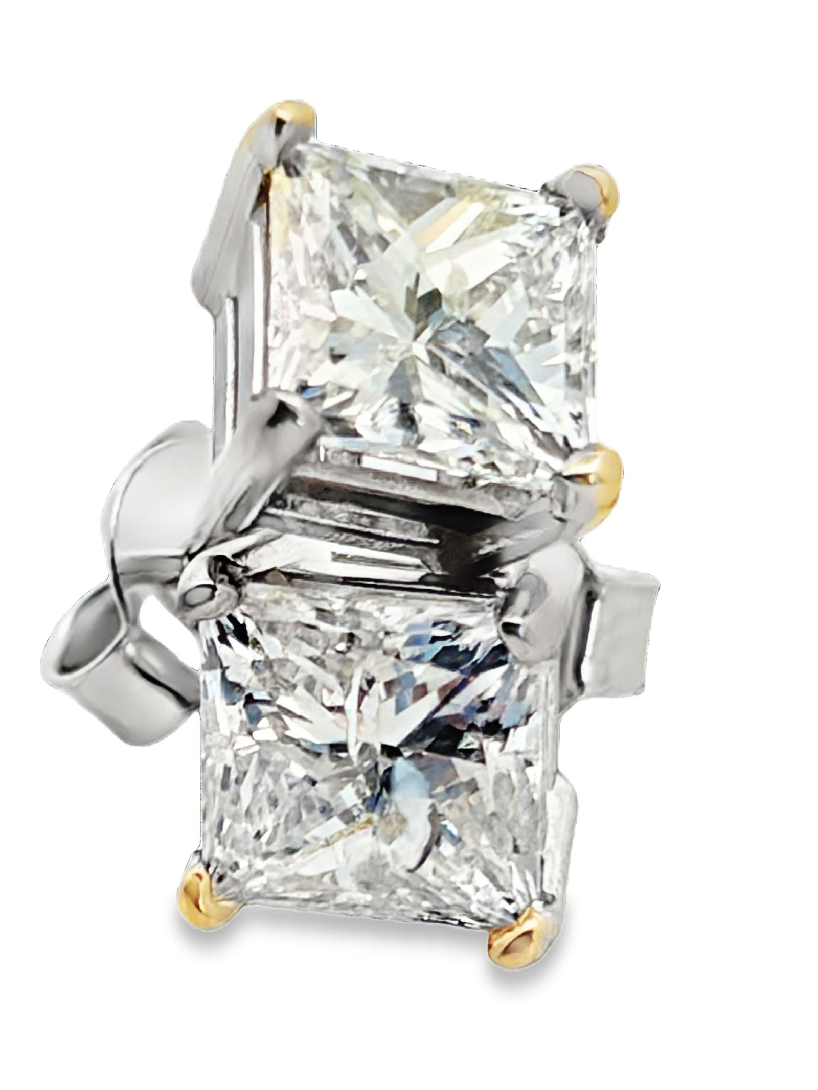 14K Princess Diamond Stud Earrings: ISL2293/28-MTSS These are a classic pair of 14K white gold diamond stud earrings. Each earring features a single, prominent princess-cut diamond. The square-shaped diamonds are securely