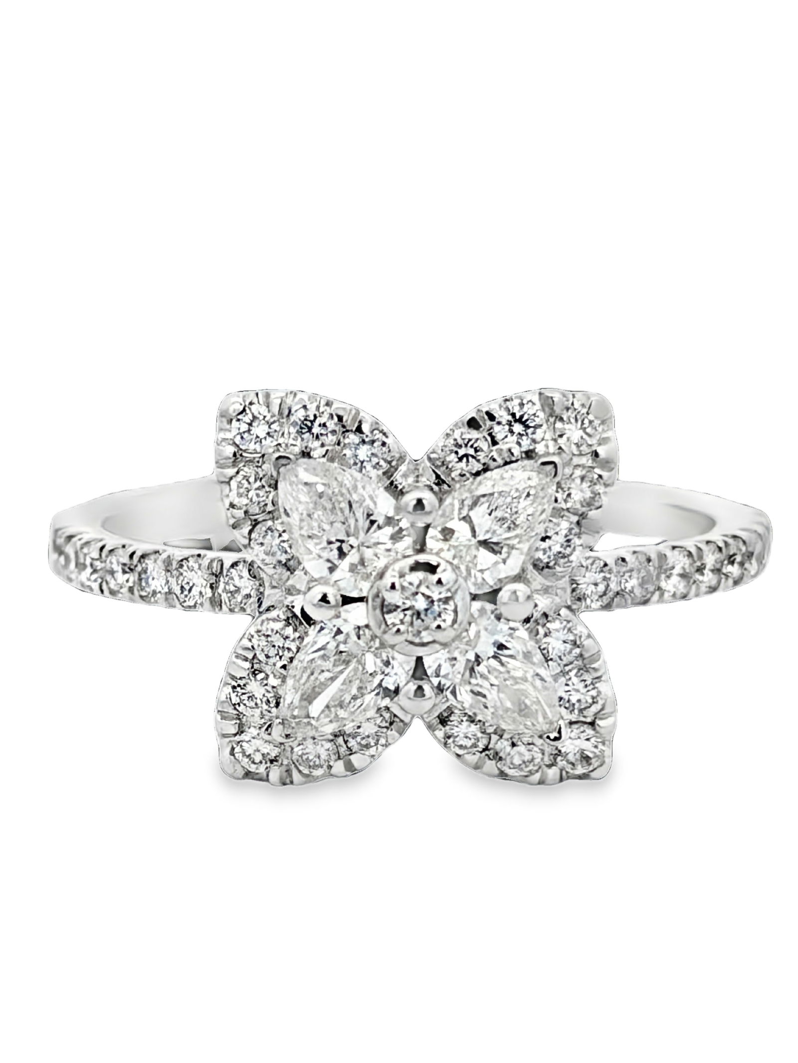 1.00 CTW Floral Diamond Ring: GS6259/34-LYS This enchanting 14K gold ring features a 1.00-carat total weight of round brilliant diamonds arranged in a delicate, nature-inspired floral motif. The stones are expertly