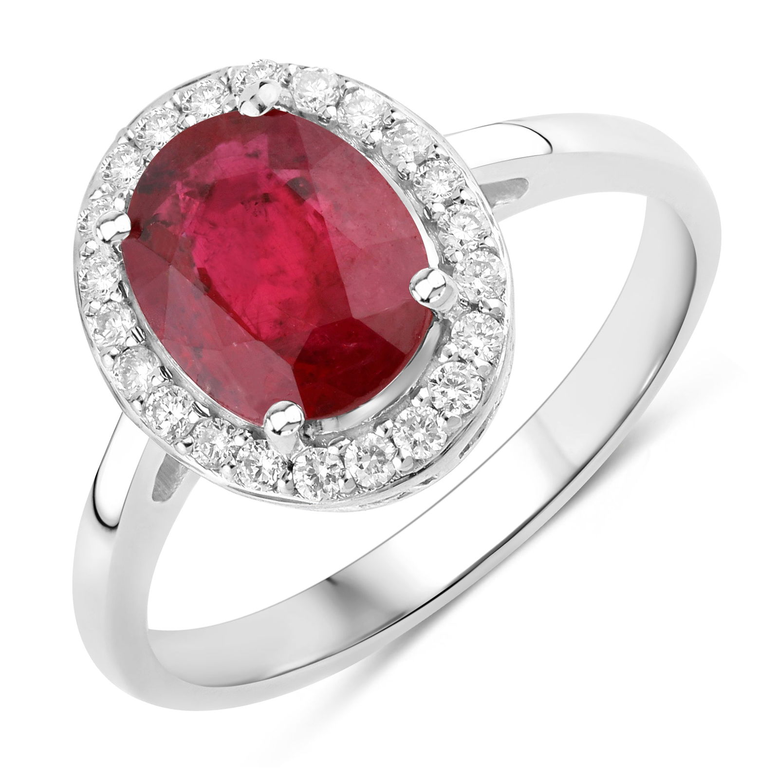 Ruby and Diamond Ring: QJ8423/27-MELK Radiant and refined, this exquisite ring features a vivid oval-cut ruby framed by a halo of brilliant round-cut diamonds, creating a captivating interplay of color and light. The ruby�