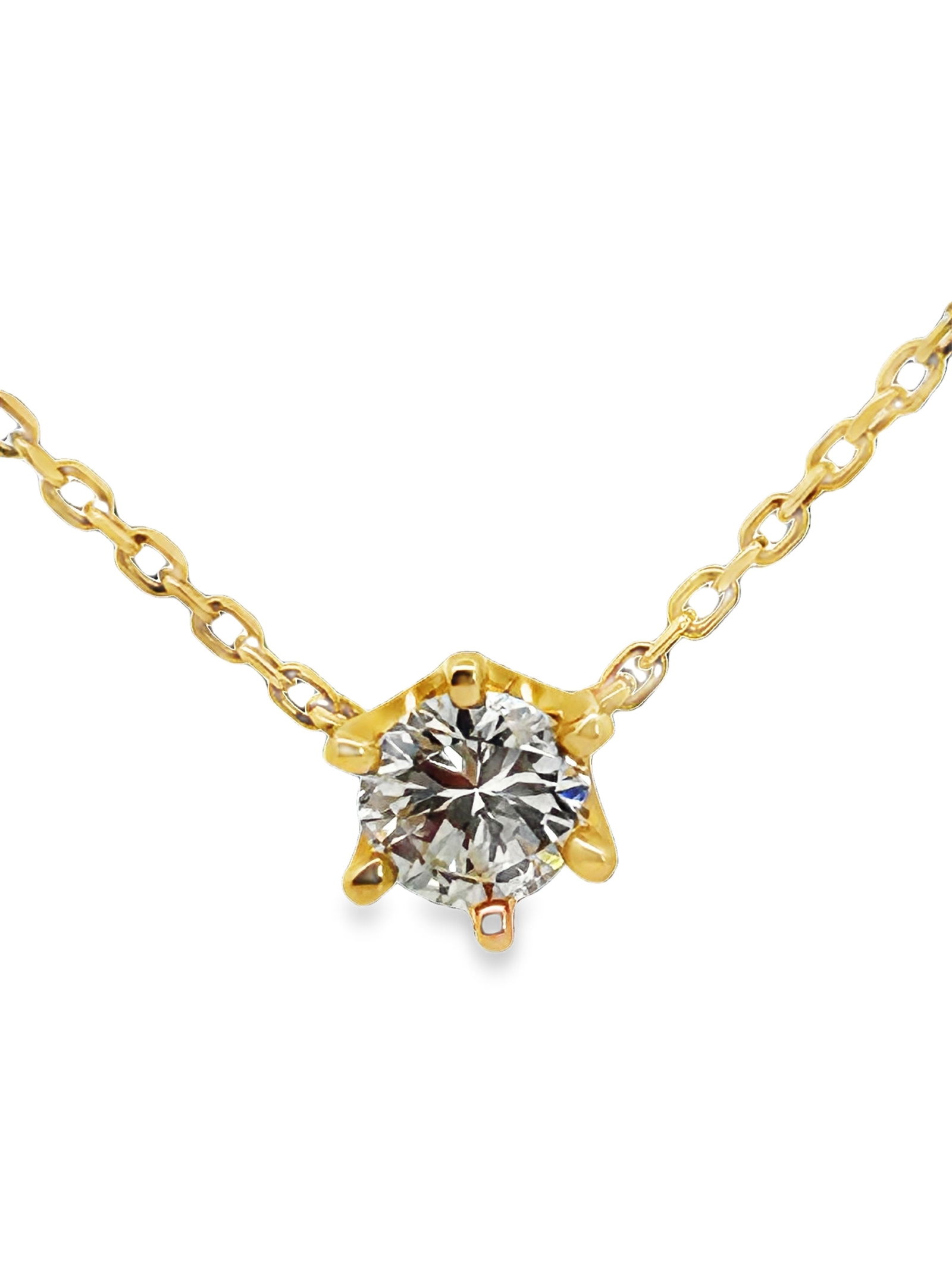 14K Diamond Necklace: ISL2293/13-MSSS This stunning 14K yellow gold diamond necklace is a timeless piece of fine jewelry, epitomizing classic elegance. The single, brilliant diamond is securely mounted in a rich