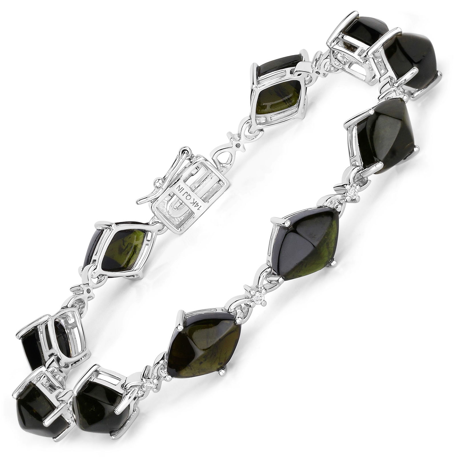 Bold Green Tourmaline and Diamond Bracelet: QJ8423/128-MOON This striking bracelet showcases the captivating beauty of natural green tourmaline, elegantly set in 14K white gold. Featuring a series of uniquely faceted, fancy-cut tourmaline