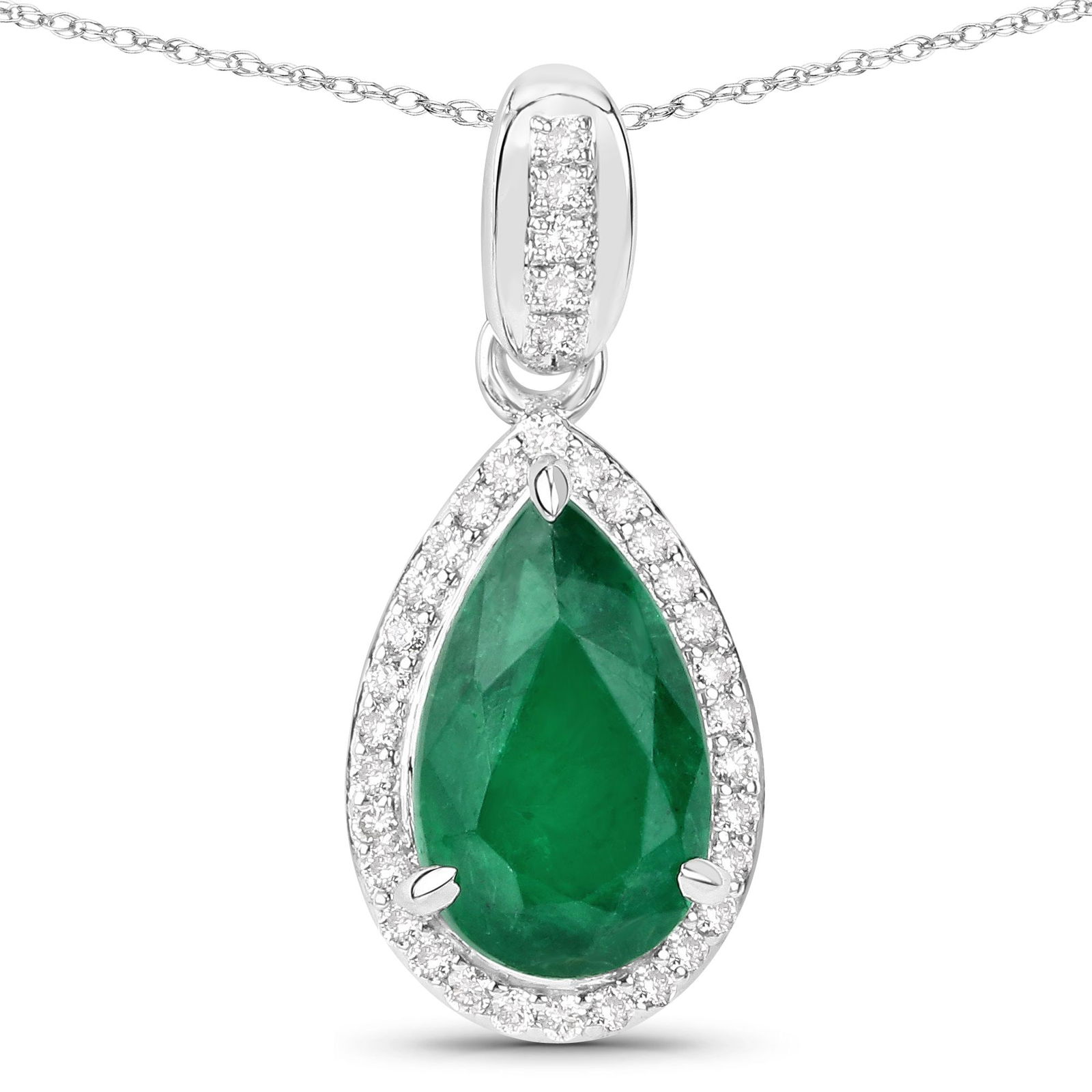 IGI 2.36 CT Zambian Emerald and Diamond Pendant: QJ8423/88-MMLM This elegant 14K white gold pendant showcases a richly saturated pear-shaped emerald, celebrated for its vivid green hue and natural internal character. The