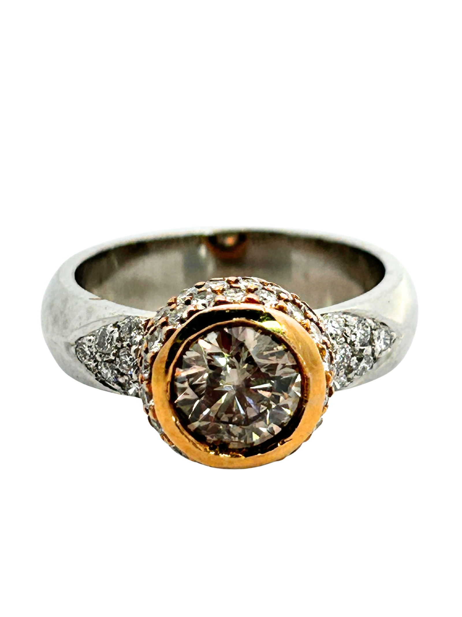 Platinum & 14K Fancy Brown & White Diamond Ring: ISL2293/11-KOY This captivating cocktail ring features a stunning array of diamonds set in a luxurious two-tone mounting of platinum and 14-karat yellow gold to complement the brown