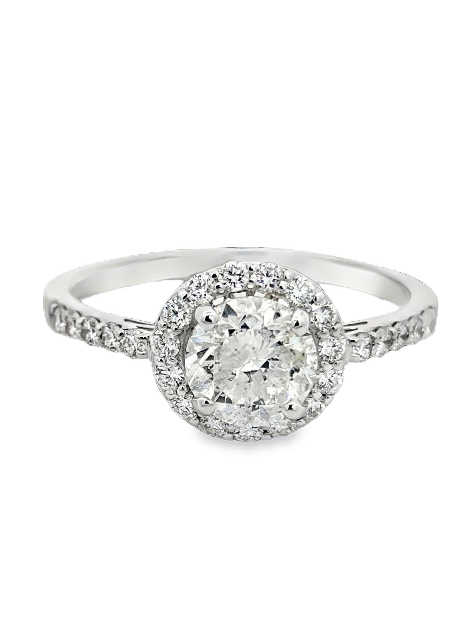 14K Diamond Halo Ring: E7605/22-MOEL This elegant 14k gold ring features a stunning arrangement of brilliant-cut diamonds, meticulously handset to capture and reflect light from every angle. The diamonds are