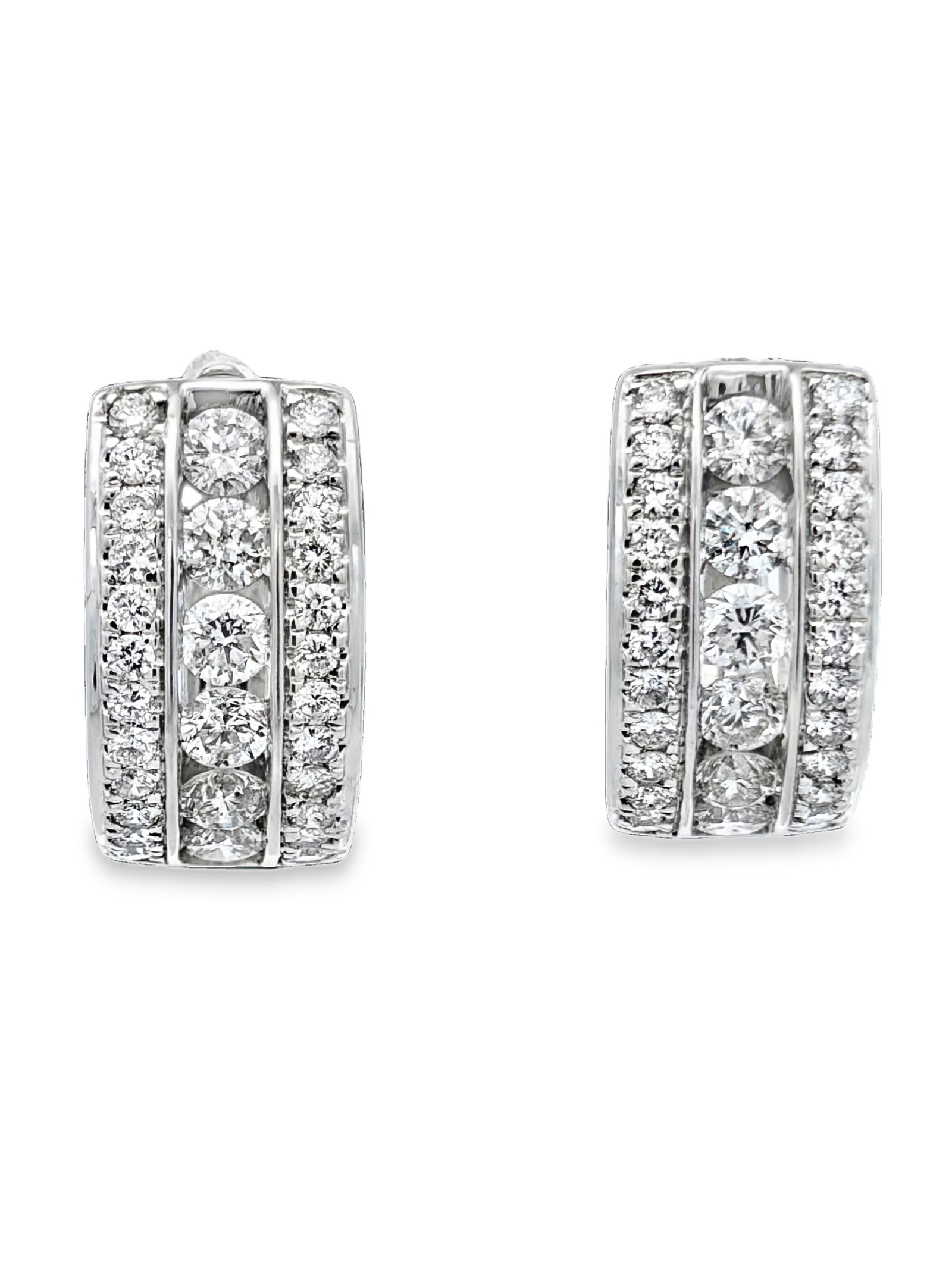 2.00 CTW Diamond Hoop Earrings: GS6259/10-MTYS A sophisticated statement of luxury, these 14k white gold hoop earrings showcase 2.00 CTW of radiant round brilliant-cut diamonds. Each wide-profile band features a striking
