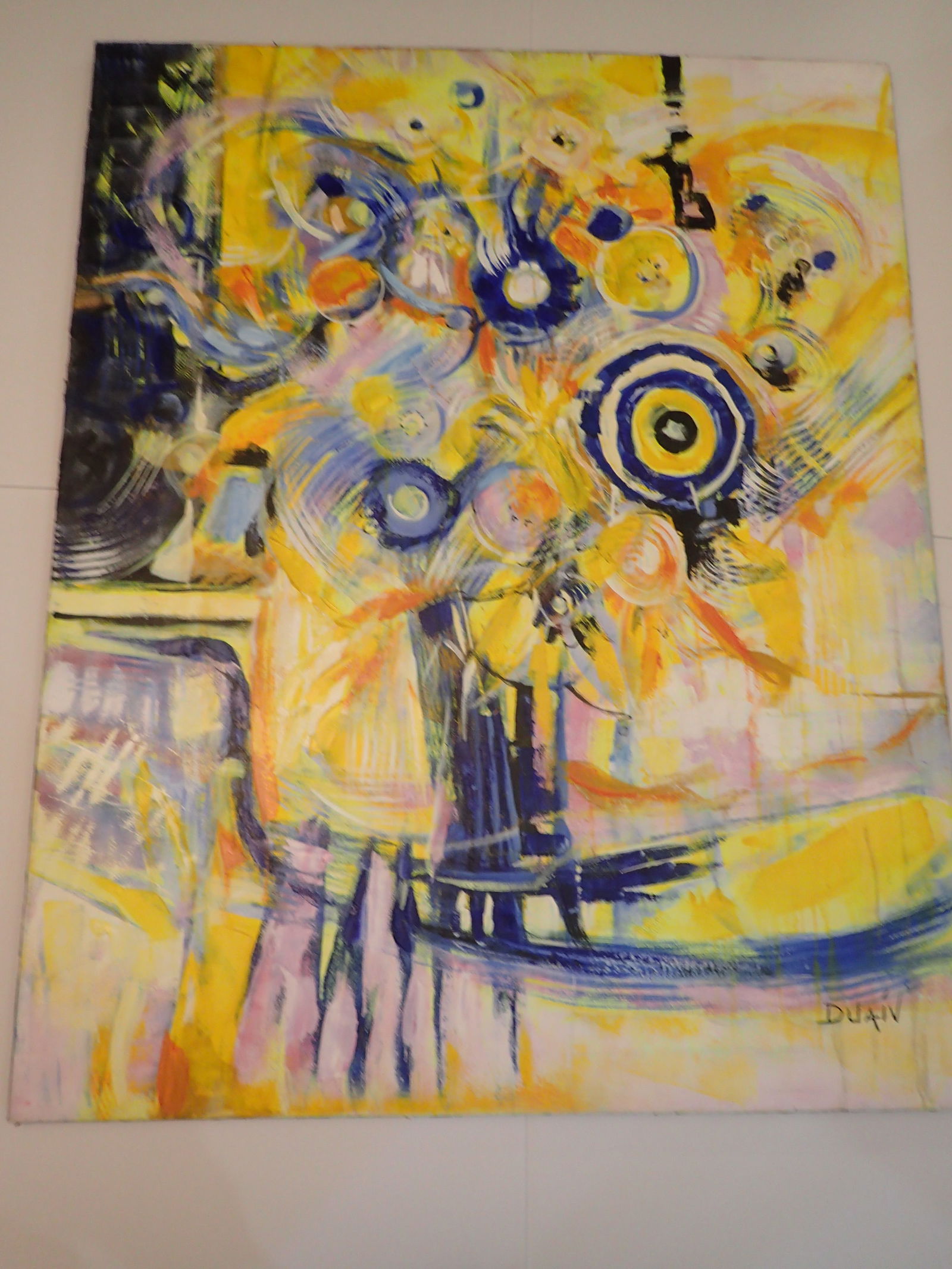 Duaiv Oil on Canvas Signed: BAT0126/6-AYSS Description: Spirals and Florals (Abstract Blue Yelly) Artist Name: Duaiv Medium: Oil on canvas