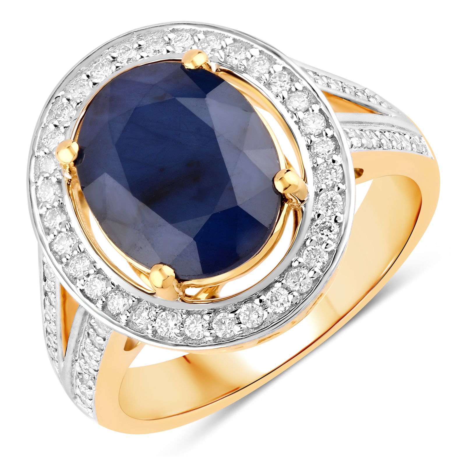 Blue Sapphire and Diamond Ring: QJ8423/9-MYEE A striking expression of timeless luxury, this exquisite ring features a rich oval-cut blue sapphire encircled by two rows of brilliant white diamonds. The center sapphire displays