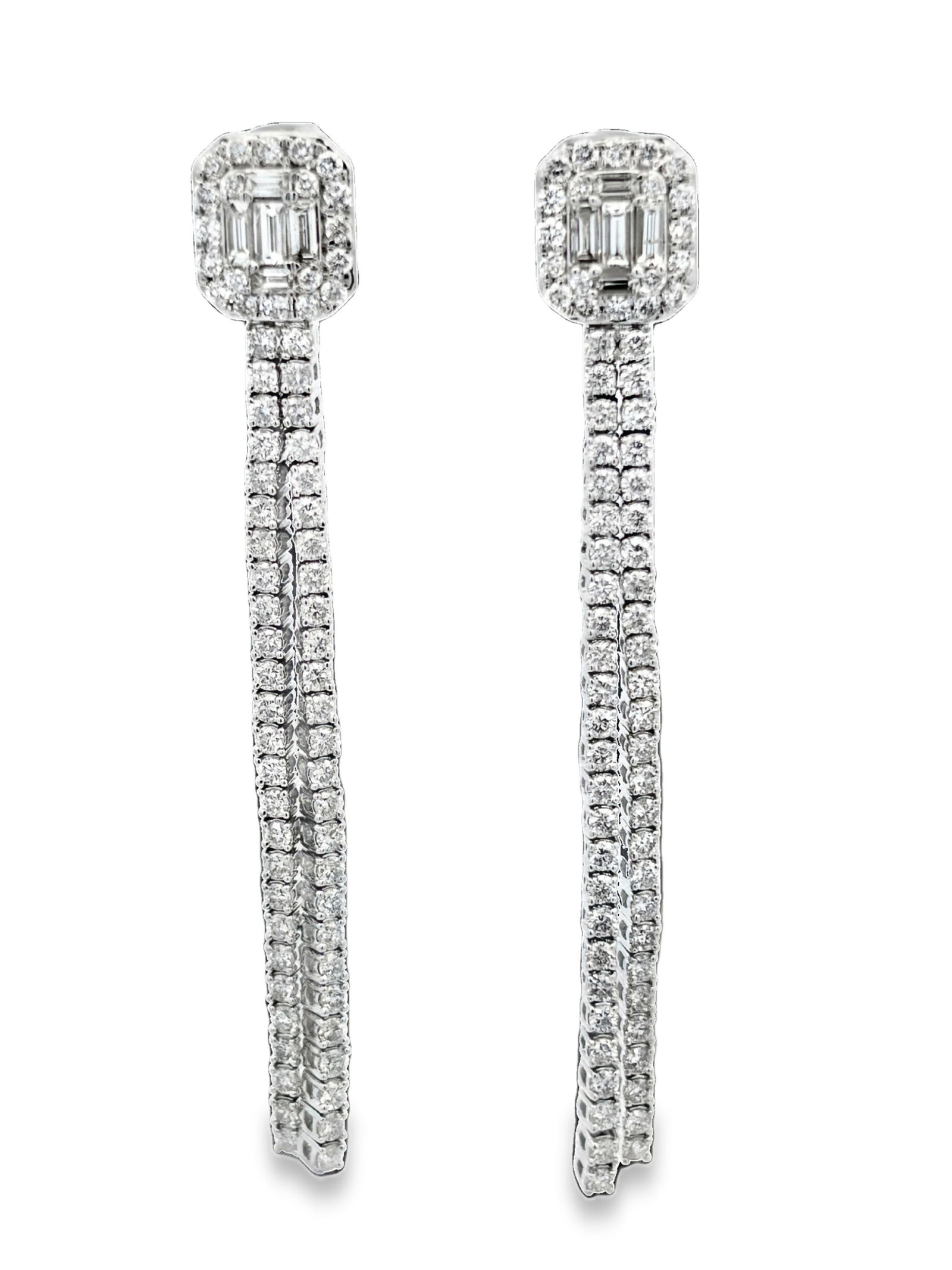 2.50 CTW Tassel Earrings: GS6259/30-MAYS A stunning pair of architectural drop earrings featuring a sophisticated tassel design. These earrings combine the sharp geometric lines of emerald-cut center stones with the fluid