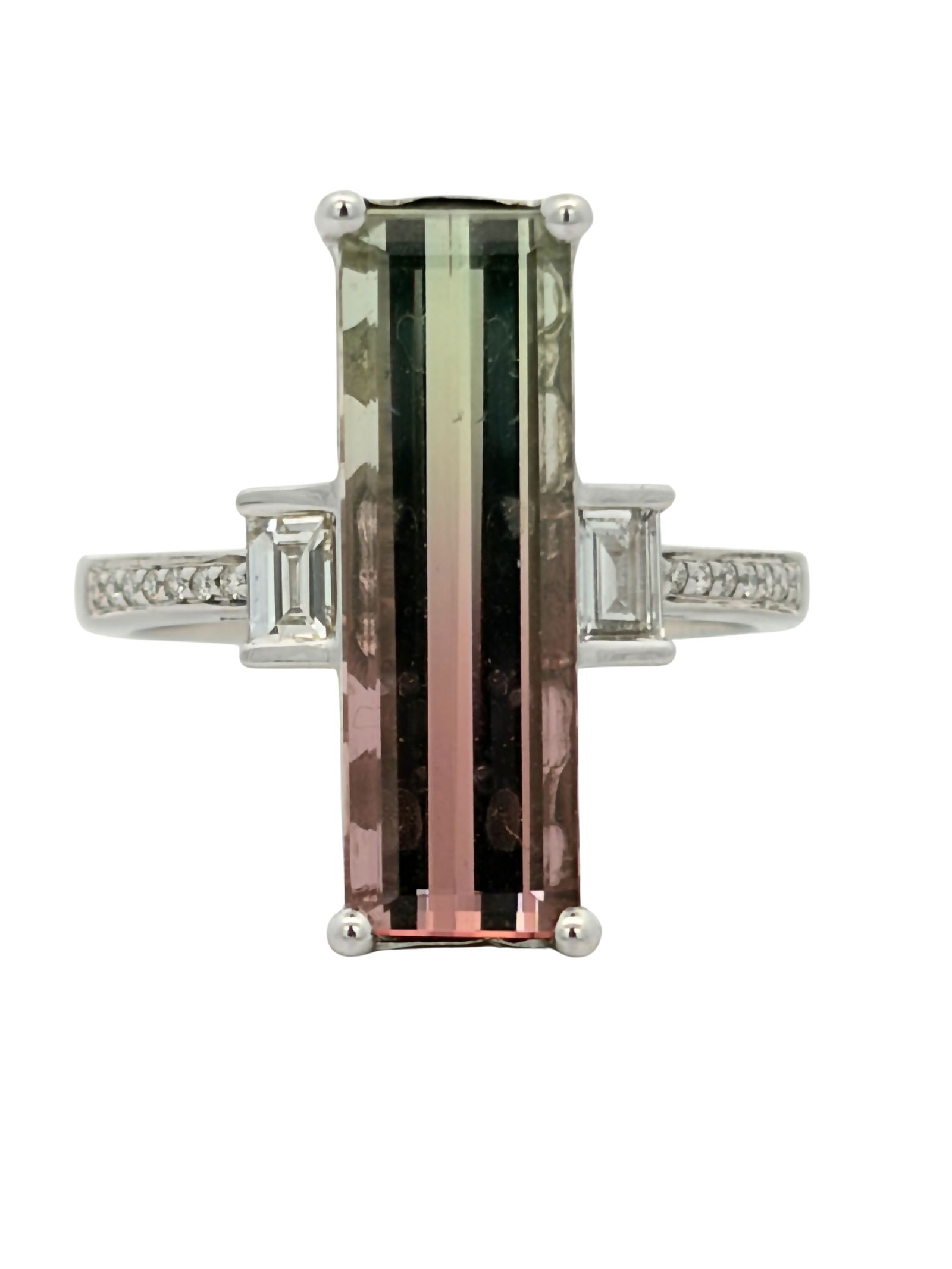 Watermelon Tourmaline and Diamond Ring: CJI4693/2-OELO Crafted in 14K Gold, this vibrant ring showcases a rare Watermelon Tourmaline with its iconic pink-to-green natural gradient. The central stone is elegantly framed by