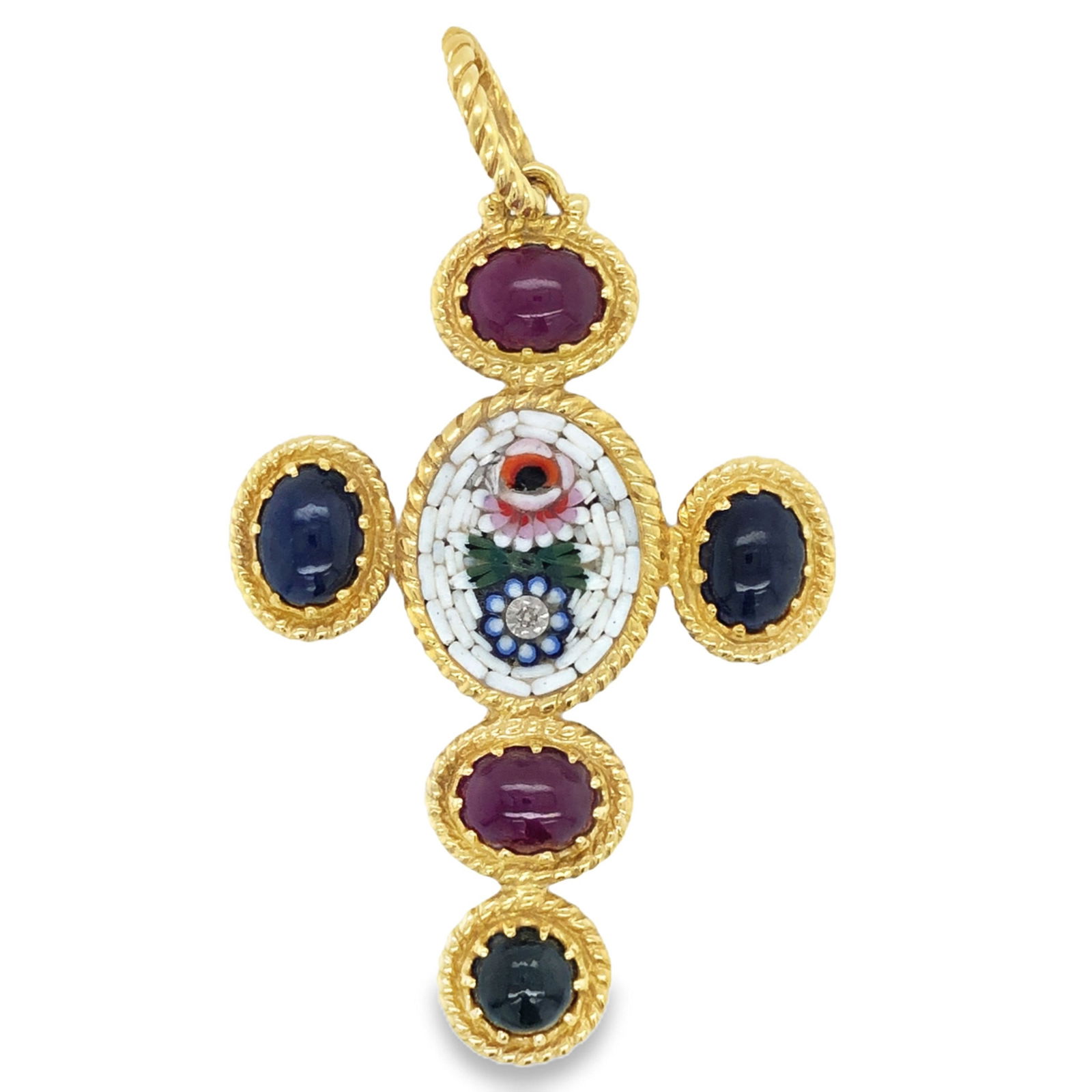 Tagliamonte Micro-mosaic Cross Pendant - Certified: ISL2128/26-MLSS This elegant 18K yellow gold cross pendant showcases a lovely combination of colorful cabochon-cut rubies and sapphires, accented by the sparkle of natural diamonds. The classic and