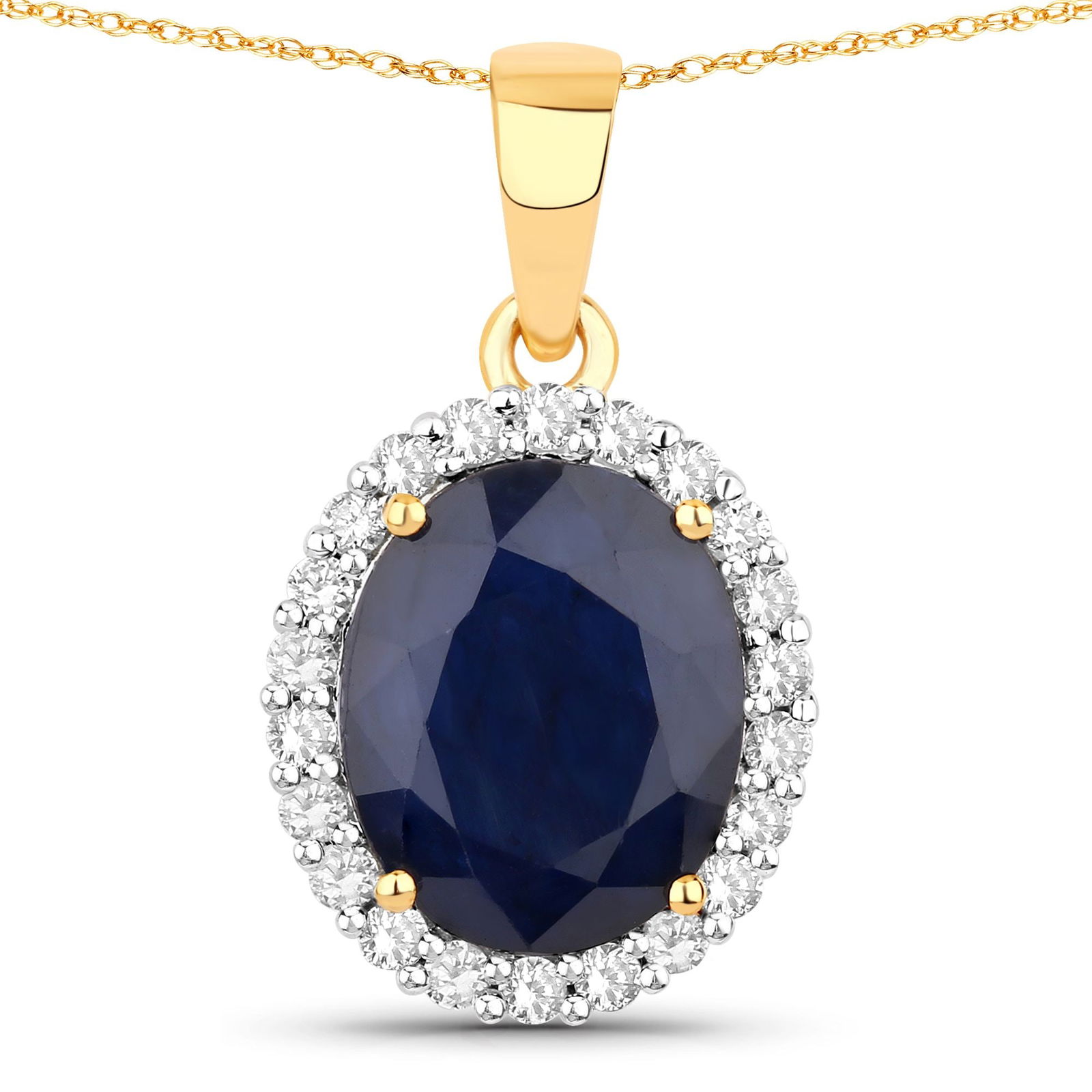 4.32CT Blue Sapphire and Diamond Halo Pendant: QJ8423/68-MONM A classic masterpiece of color and brilliance, this oval blue sapphire and diamond pendant embodies timeless sophistication. The centerpiece features a deep royal blue sapphire,