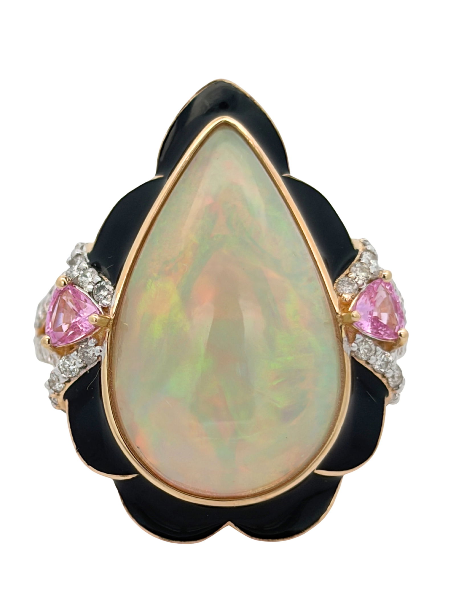 14K Opal, Sapphire & Diamond Ring: E7614/28-MOTE A captivating play of color and contrast, this 14k gold ring centers on a luminous natural opal known for its ethereal flash and iridescent depth. The opalâ€™s shifting