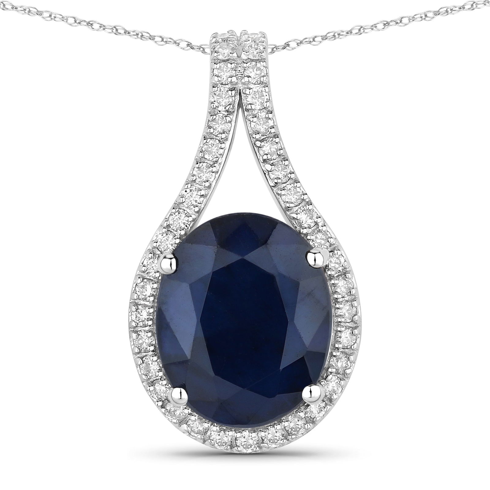 Blue Sapphire with Diamond Pendant: QJ8423/81MOAM This pendant is a graceful and captivating design centered around a deep, velvety blue oval sapphire. The gemstone is set in gleaming 14K white gold and framed by a sweeping
