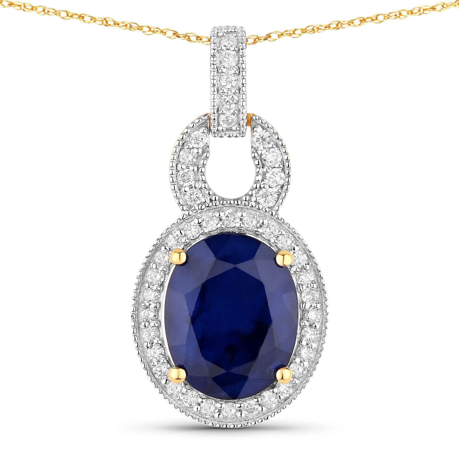 Blue Sapphire and Diamond Pendant: QJ8423/82-MOKE A pendant of regal beauty and refined craftsmanship, this oval blue sapphire and diamond double halo pendant exudes sophistication and timeless allure. The centerpiece showcases a