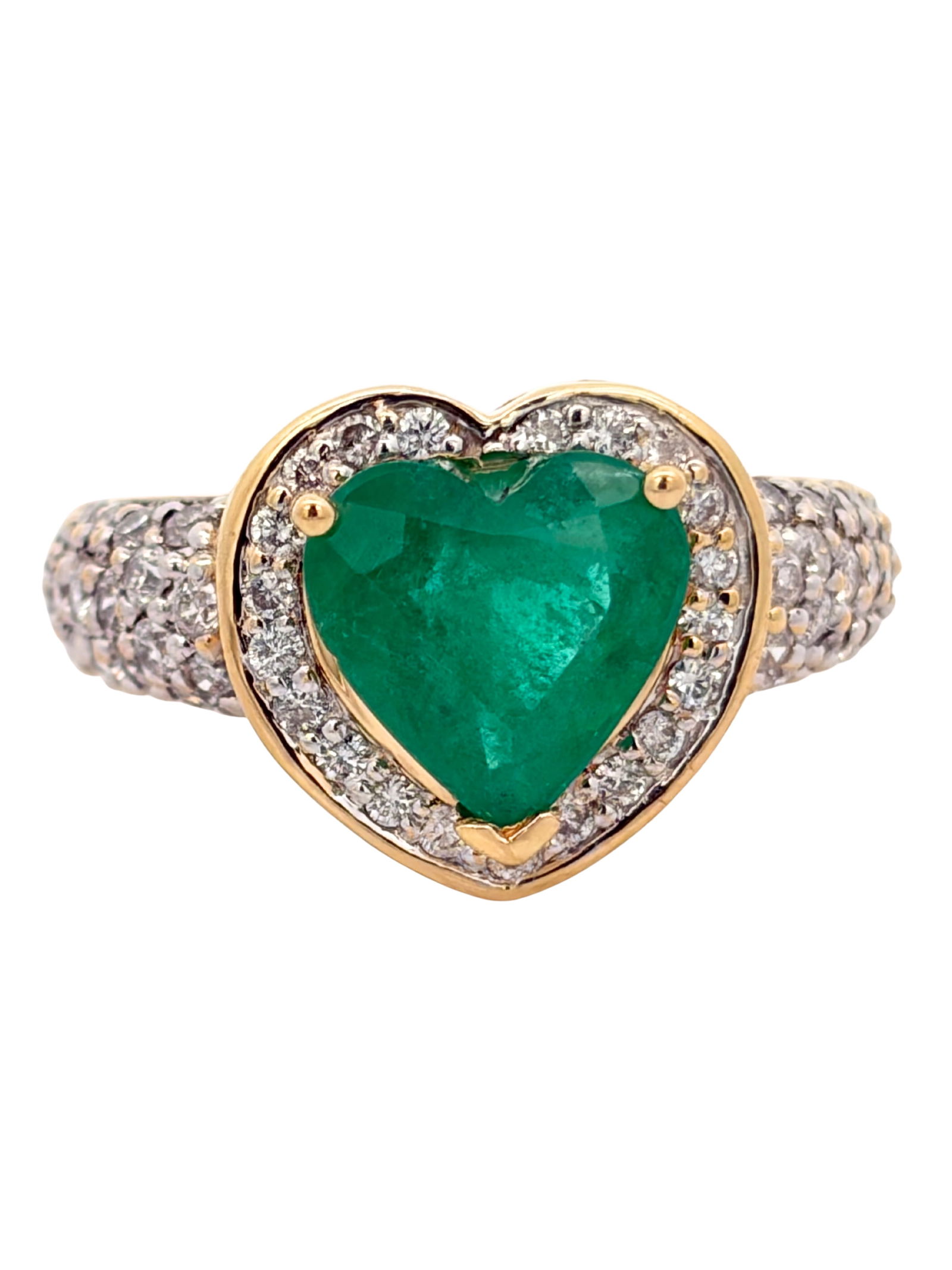 18K Emerald Heart & Diamond Ring: E7614/29-MKTE A romantic and striking statement piece, this 18k gold ring centers on a vibrant heart-shaped emerald. The unique silhouette of the emerald showcases a lush, verdant green, symbolizi