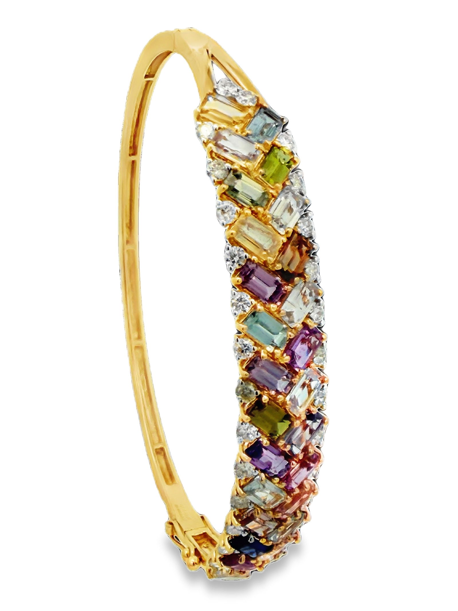 Multi Color Sapphire & Diamond Bracelet: E7605/1-OKOA This vibrant 18k yellow gold bracelet features a breathtaking rainbow of multi-color sapphires, alternating between rich blues, oranges, pinks, and yellows. Each sapphire is