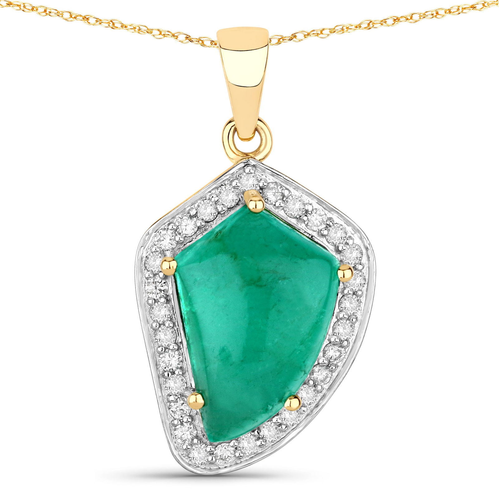5.23 CT Zambian Emerald and Diamond Pendant: QJ8423/97-OSTT A striking departure from traditional shapes, this pendant showcases a rare fancy-cut natural emerald set in luxurious 14K yellow gold. The emeraldâ€™s freeform silhouette