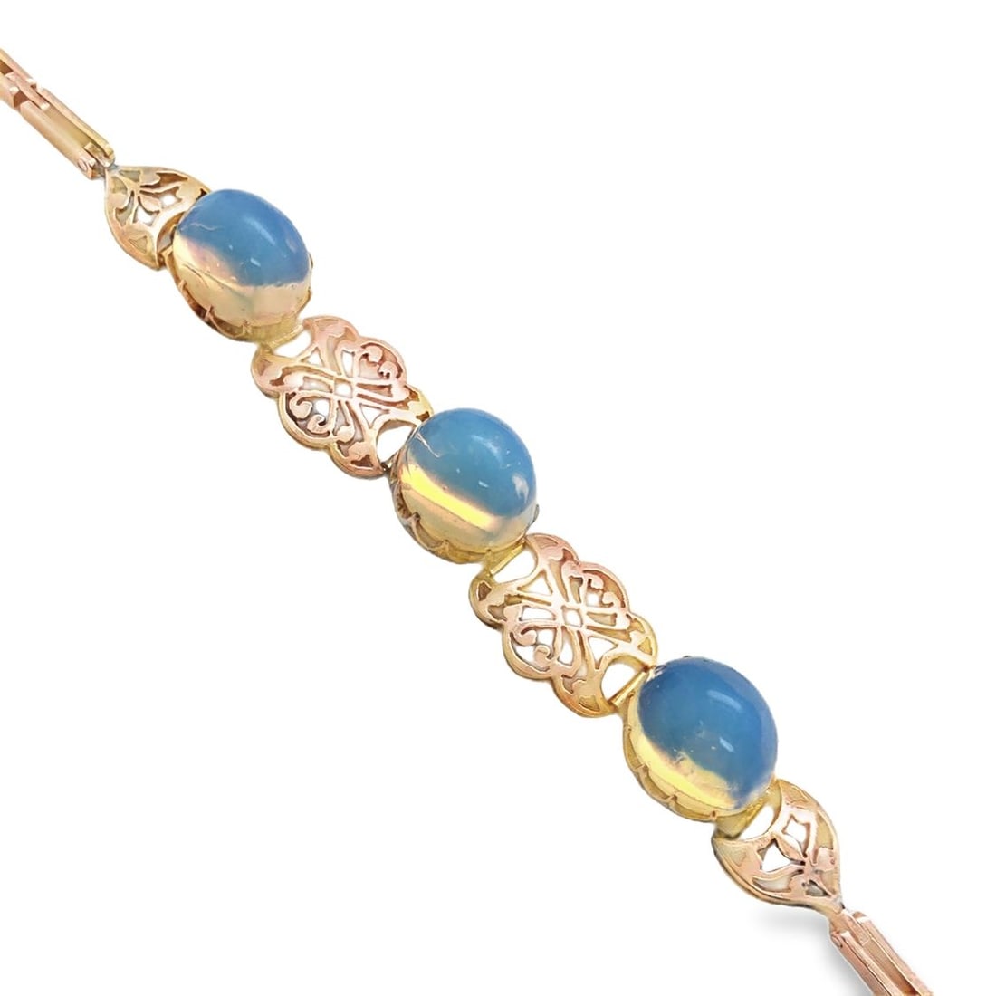 Vintage Rose Gold Opalite Bracelet: S/16.0-KSS Embrace the ethereal beauty of this enchanting bracelet, featuring luminous opalite cabochons set within delicate, vintage-inspired rose gold filigree links. This captivating piece