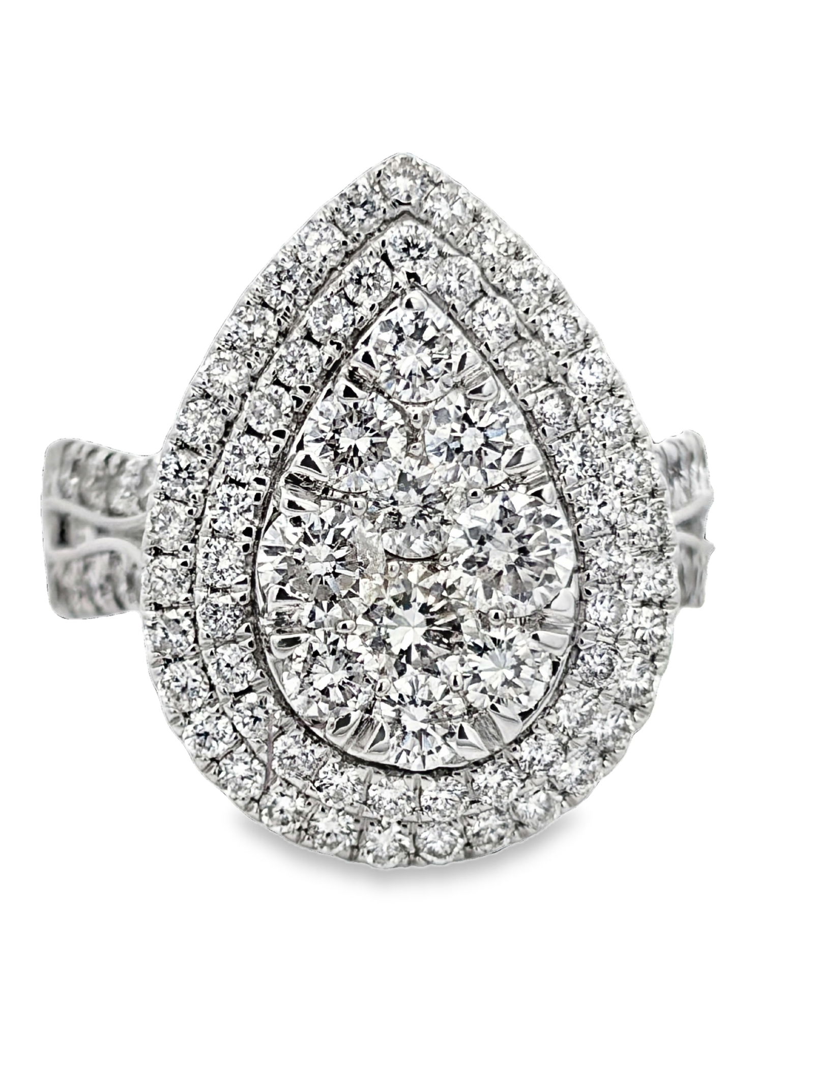 Pear Form 2.25 CTW Diamond Statement Ring: GS6259/13-MTSS Bold and refined, this 14k gold ring showcases a magnificent 2.25 carat pear-shaped cluster. The elegant teardrop silhouette provides a sophisticated, elongated aesthetic
