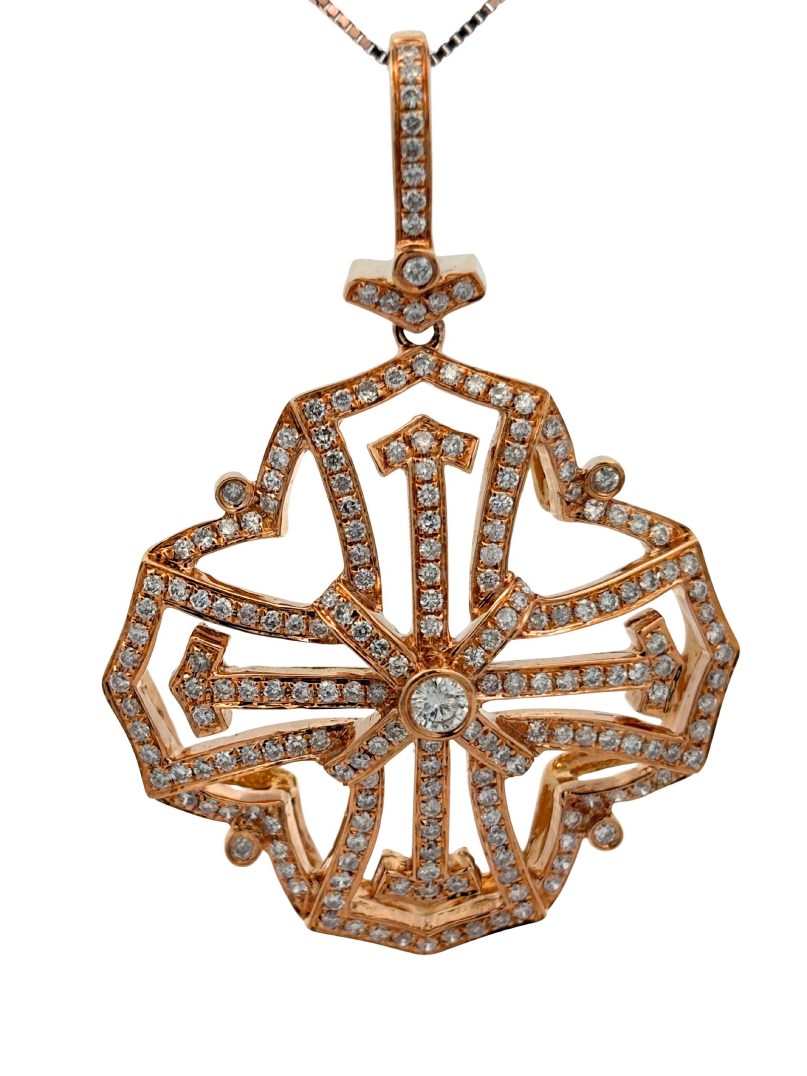 18K Diamond Pendant on Chain: CJI4693/21-MYLM Exquisitely crafted in 18K Rose Gold, this pendant and chain combination is a timeless masterpiece that bridges the gap between spiritual devotion and high-end luxury. The high-purity