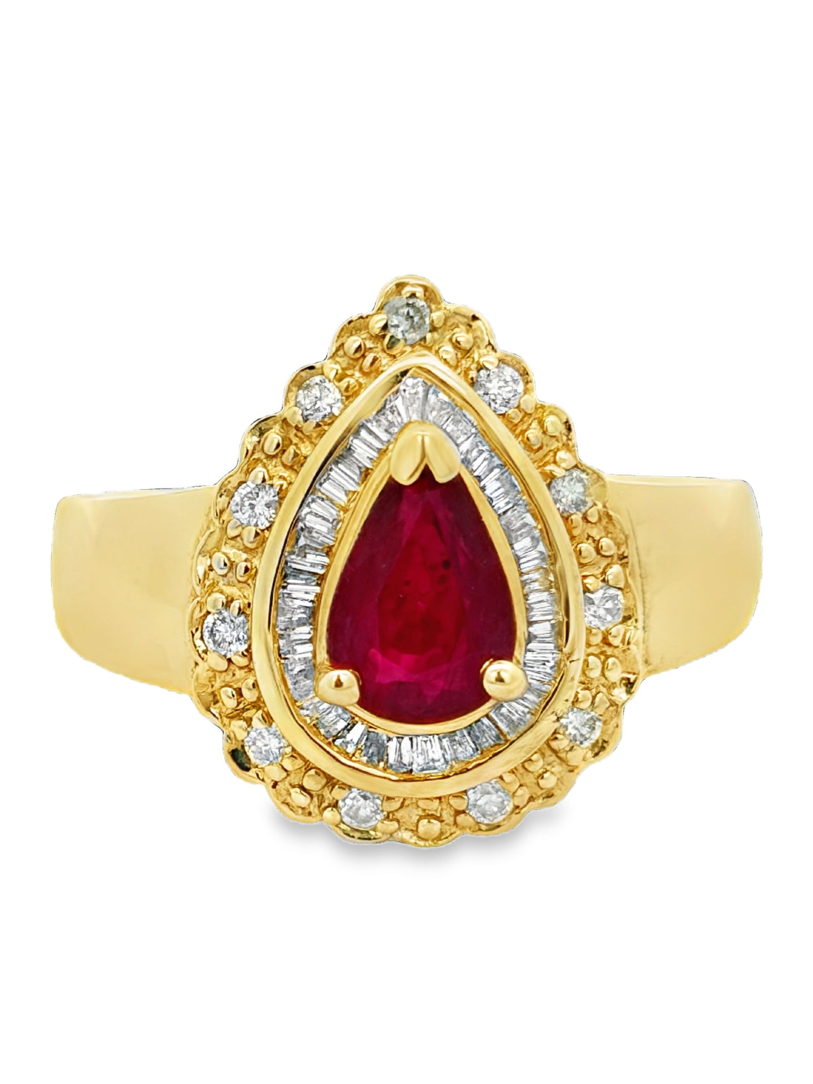 Pear Shaped Ruby and Diamond Ring: CJI4693/3-MYLS This sophisticated 14K Gold ring features a vibrant pear-shaped ruby in a classic teardrop cut. The center stone is framed by a shimmering di