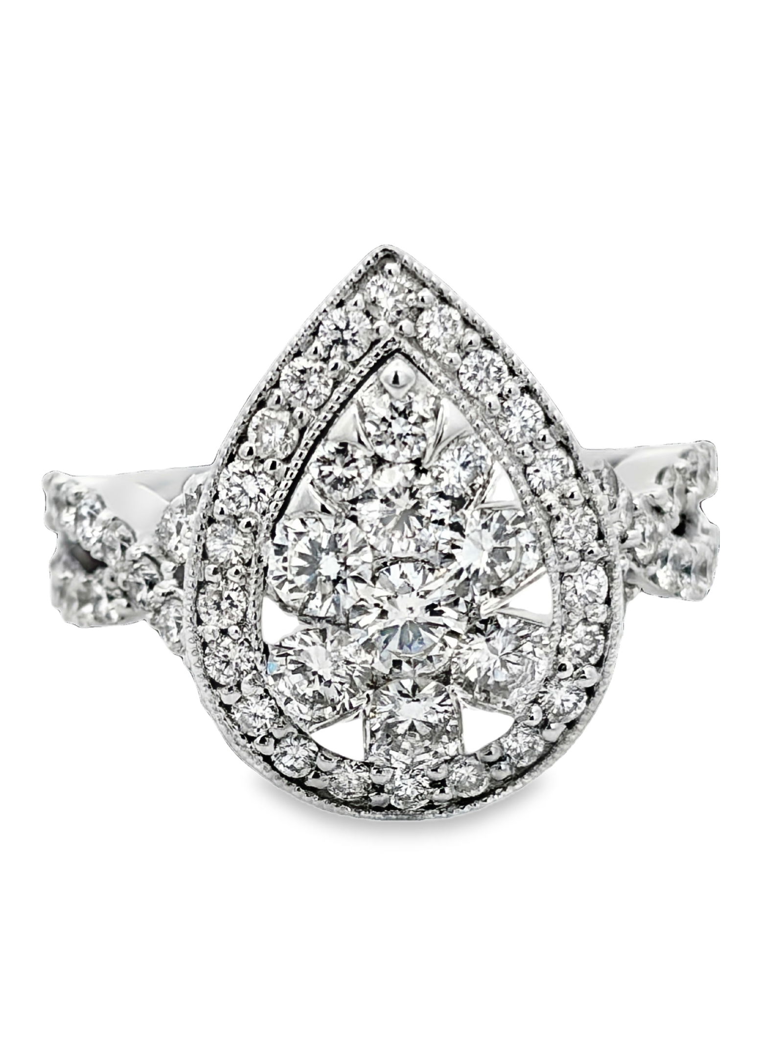 Pear Form 2.00 CTW Diamond Statement Ring: GS6259/2-MNSS Bold and refined, this 14k gold ring showcases a magnificent 2-carat pear-shape motif. The elegant teardrop silhouette provides a sophisticated, elongated aesthetic that