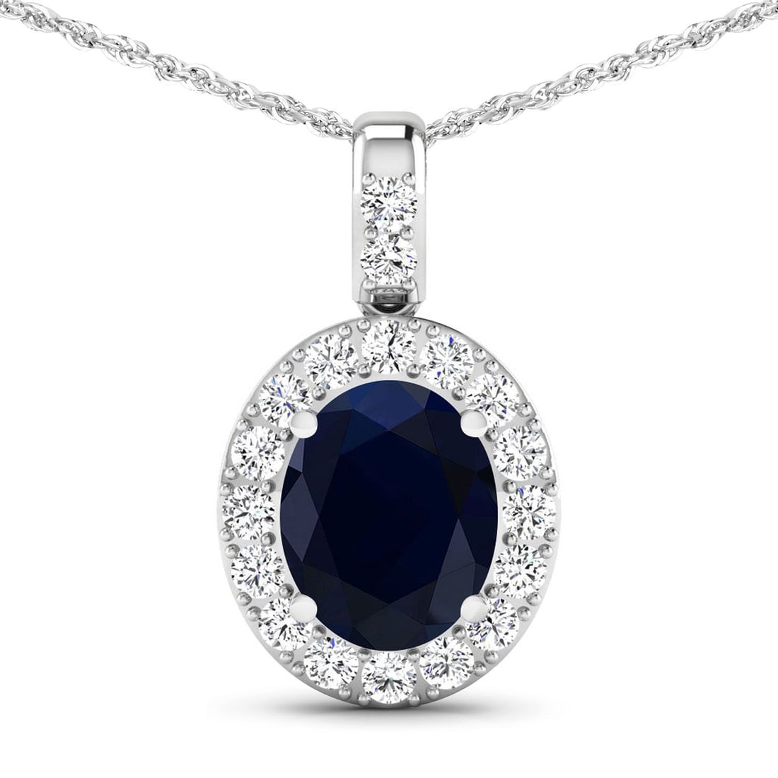Blue Sapphire with Diamond Pendant: QJ8423/105-MMEY This elegant 14K white gold pendant showcases a deep midnight-blue oval sapphire, beautifully faceted to highlight its rich color and alluring inner glow. The sapphire is securely