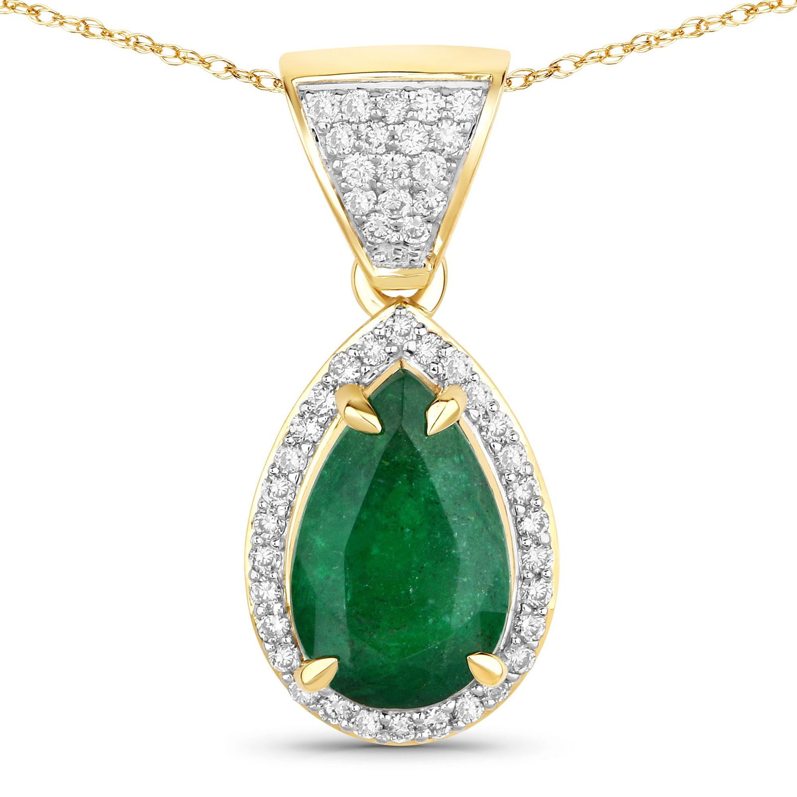 IGI 2.38 CT Zambian Emerald and Diamond Pendant: QJ8423/92-MMEL This striking pendant showcases a vivid pear-shaped natural emerald framed in a halo of sparkling round diamonds, all set in luxurious 14K yellow gold. The emeraldâ€™s rich