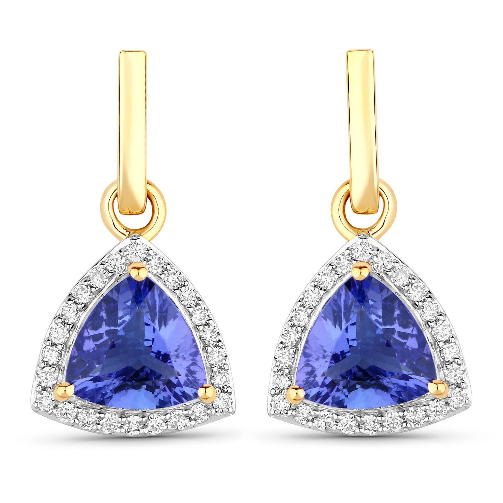 3.48 CT Tanzanite and Diamond Earrings: QJ8423/113-MMEM These sophisticated dangle earrings showcase striking trillion-cut tanzanites, each glowing with the vivid, velvety blue-violet hue characteristic of this rare and highly prized gemst