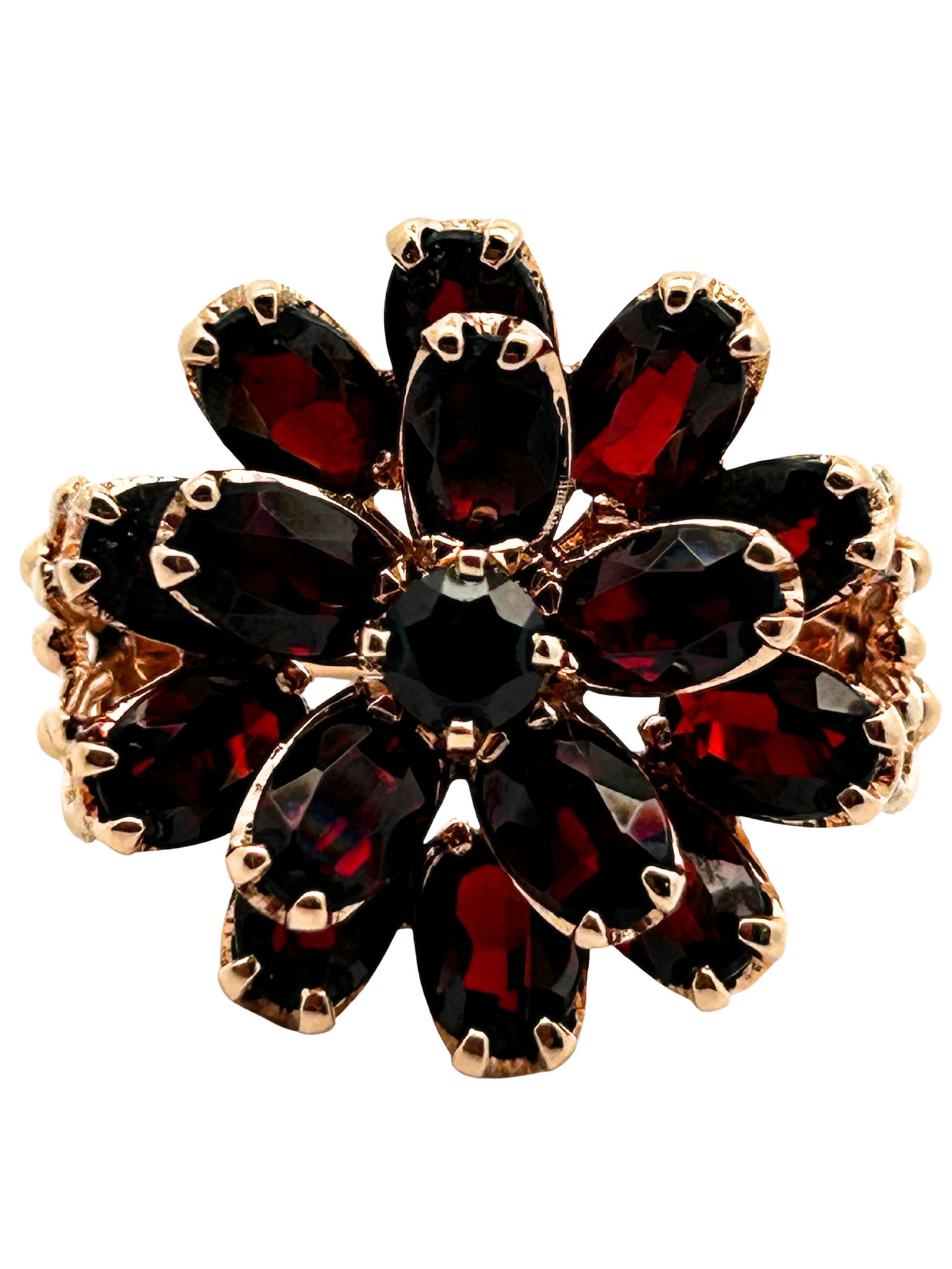 14K Garnet Cluster Cocktail Ring: S/10.43-M\SSS This striking 14K yellow gold cocktail ring showcases a dramatic cluster of rich, deep red garnets arranged in an elegant floral-inspired design. The ring features a bold composition of