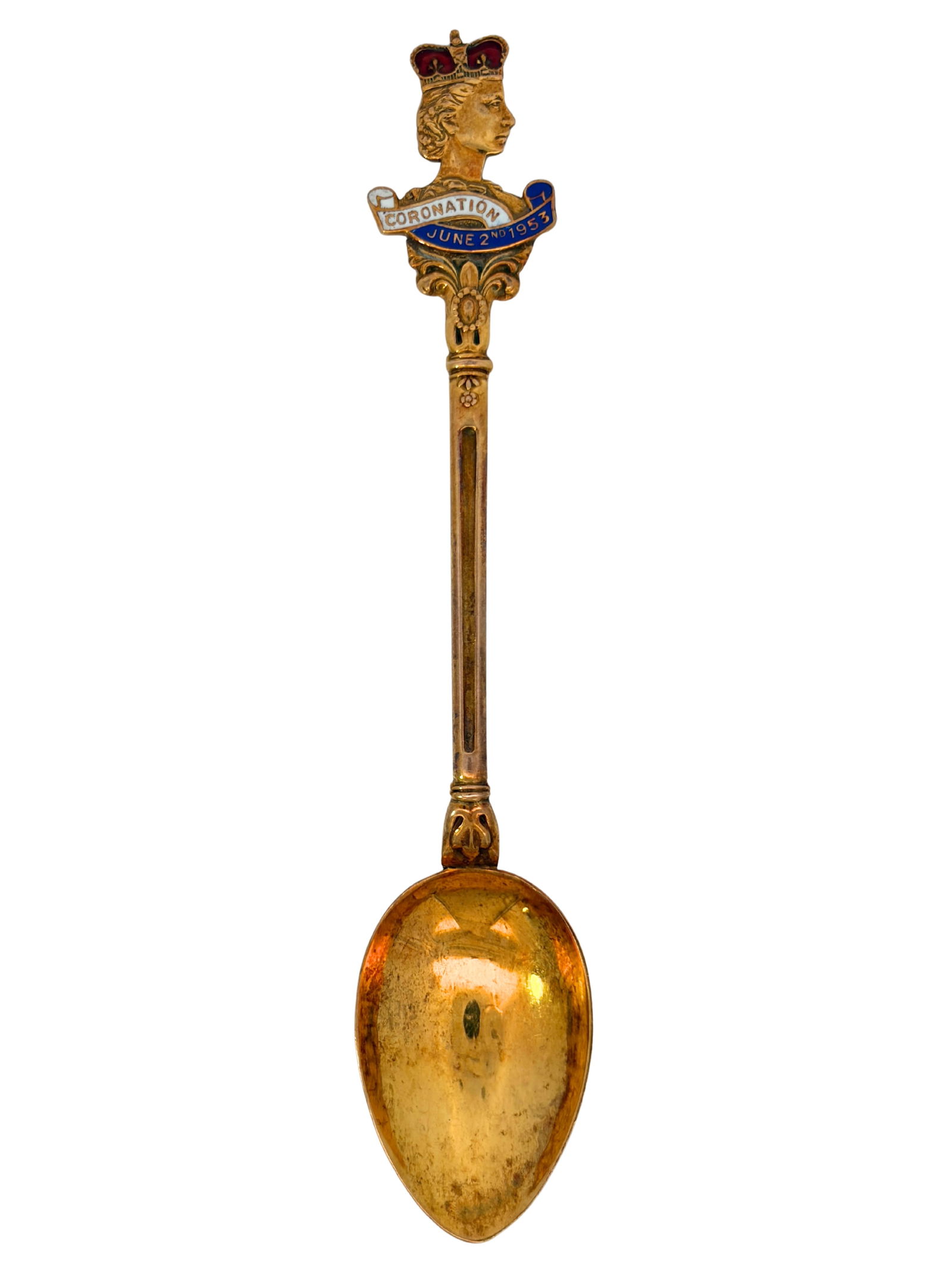 Queen Elizabeth II Coronation Commemorative Souvenir: S/13.7-MSSS This exquisite commemorative spoon celebrates the historic Coronation of Queen Elizabeth II on June 2, 1953. Crafted in 9K gold, as confirmed by the "375" hallmark, it