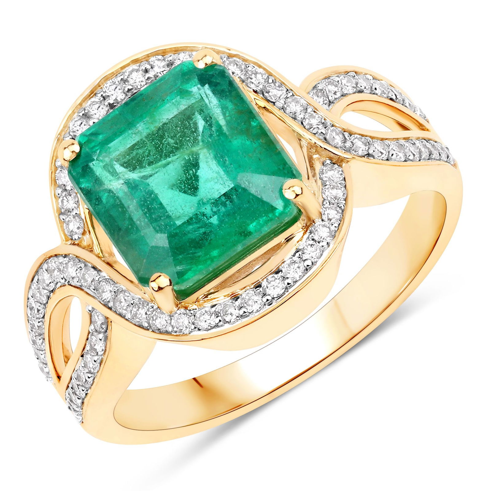 IGI 3.42CT Zambian Emerald and Diamond Ring: QJ8423/37-MKEA This exquisite emerald and diamond ring radiates timeless sophistication and natural beauty. Crafted in 14K yellow gold, the design centers around a vivid square-cut Brazilian emerald,