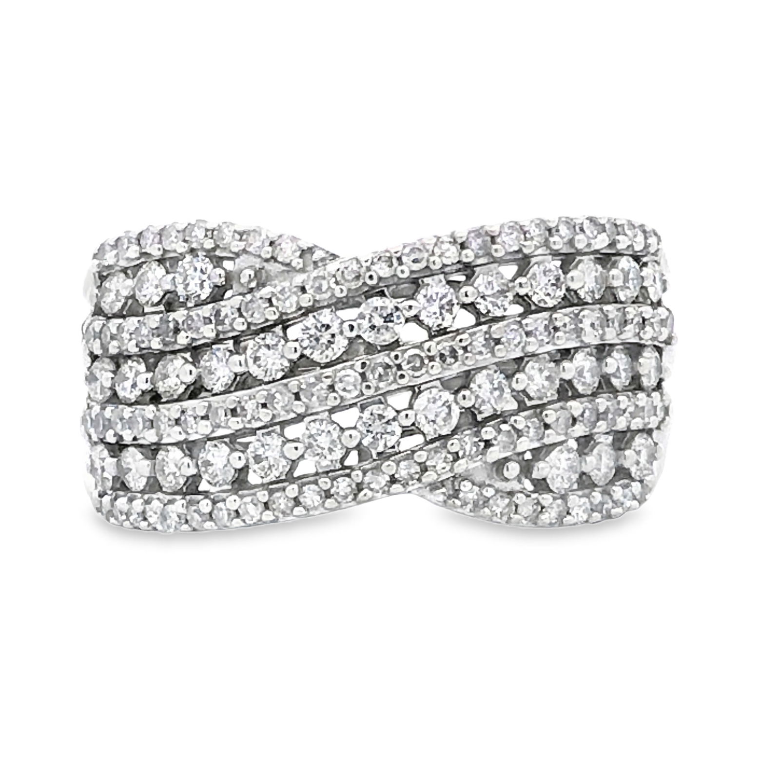 Diamond Ring: S/6.2-KSS This elegant and luxurious ring is crafted in 10-karat white gold and has been rhodium plated for a brilliant, long-lasting shine. The wide, multi-band design features a graceful crossover