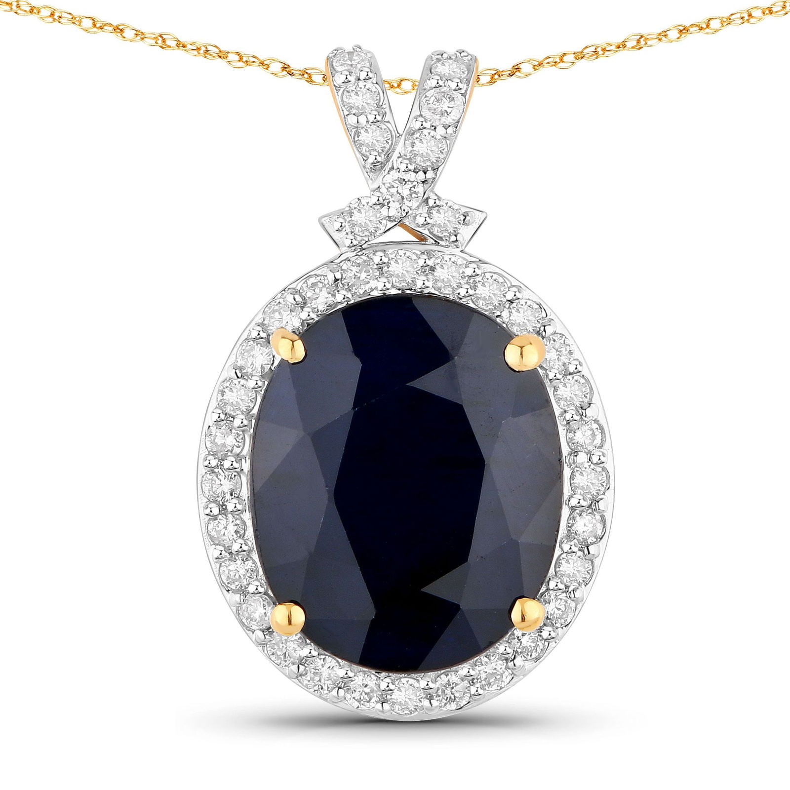 Blue Sapphire with Diamond Halo Pendant: QJ8423/76-MAML This pendant features a striking deep-blue oval sapphire framed by a brilliant halo of sparkling white diamonds. The rich sapphire is secured with elegant yellow-gold prongs,