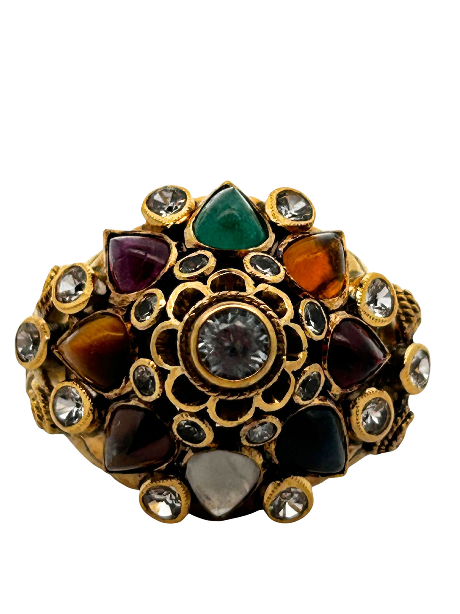 18K Navaratna 9-Stone Astrological Ring: S/8.49-MOSS This striking and culturally significant ring is an exquisite 18K yellow gold Navaratna piece, traditionally set with nine gemstones that represent the nine celestial bodies. The wide, hig