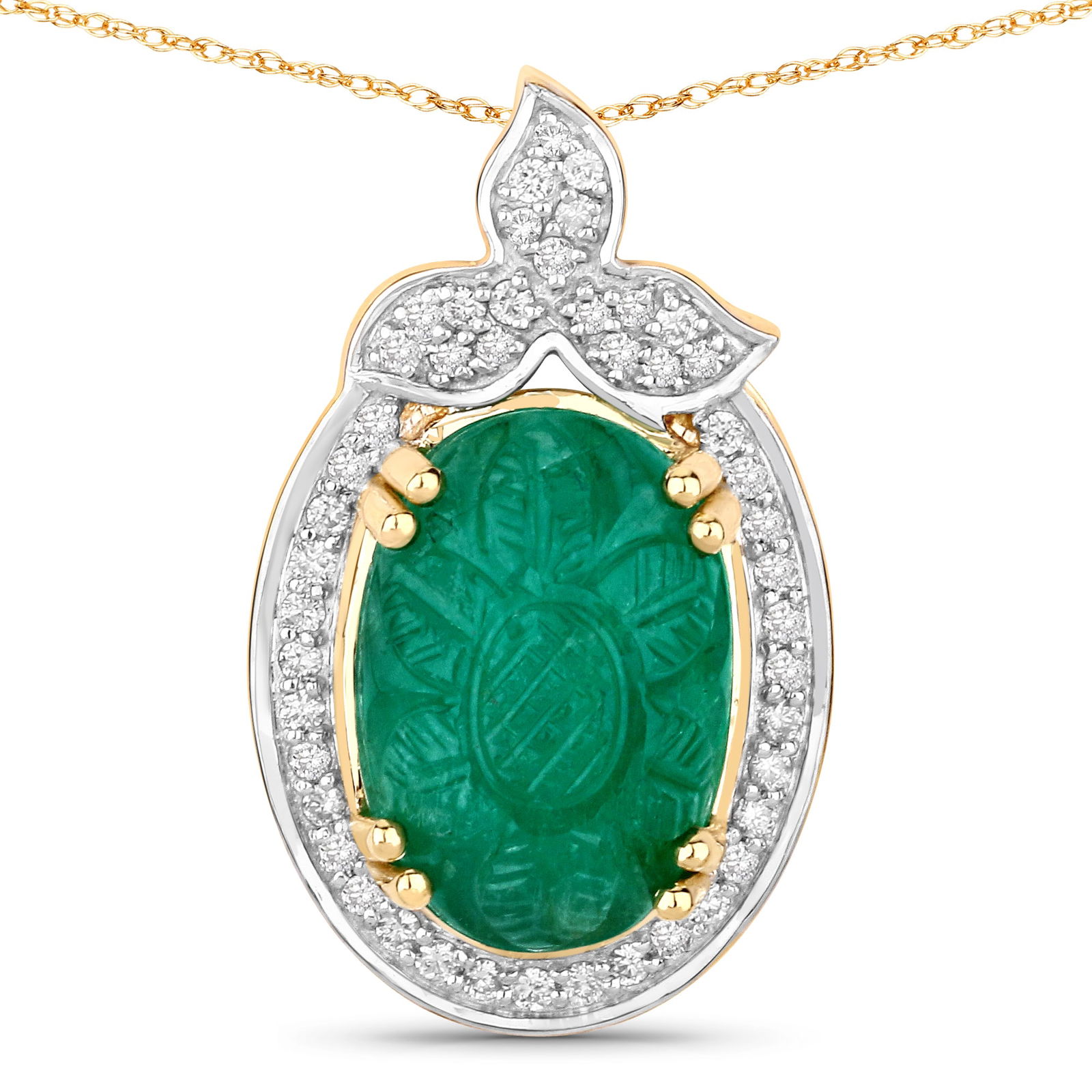 6.75 CT Carved Colombian Emerald & Diamond Pendant: QJ8423/98-MOES This exceptional Colombian emerald pendant is a masterpiece of artistry and heritage, showcasing the rich green brilliance that has made Colombian emeralds the most coveted in the