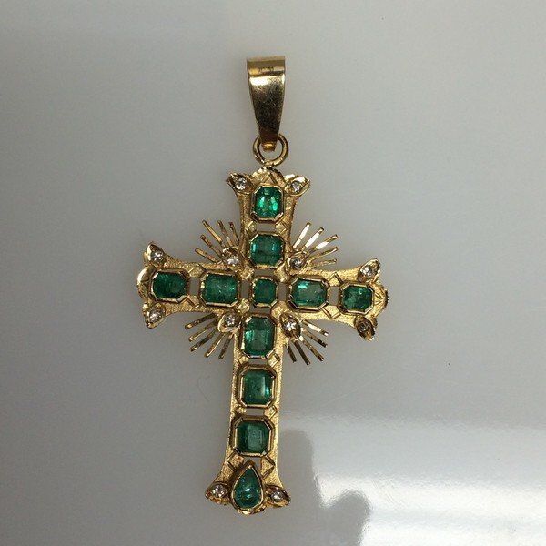 14k Yellow Gold Diamond & Emerald Cross Pendant (1 of 3)