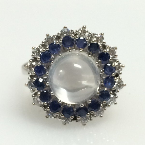 Moonstone Diamond & Sapphire Ring 14k White Gold (1 of 3)