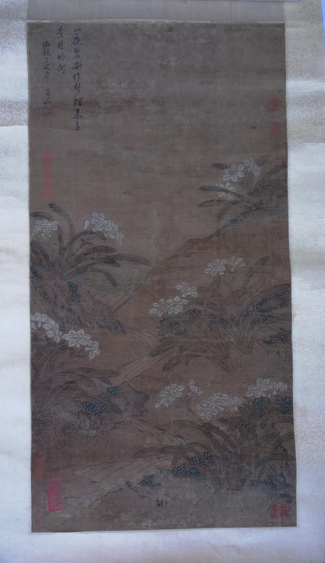 Old Chinese Silk Flower Painting Artist Signed (1 of 6)