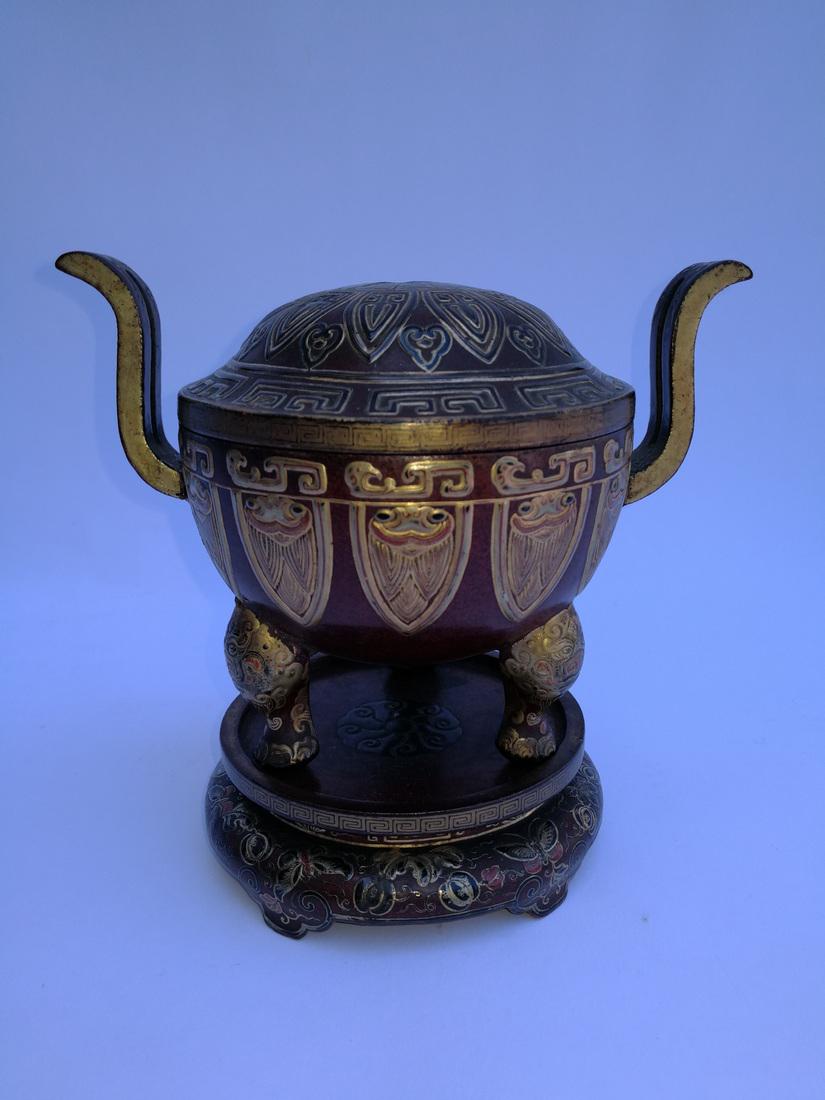 Qing Dy Chinese Foreign Lacquer Incense Burner and Base: Chinese Foreign Lacquer Double Ears Three Feet Incense Burner with Base, in the Middle of Qing Dynasty. There is a small part missing at the top of the cover. Private Collection from Los Angeles. 6 x 