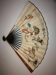 Old Chinese Fan with Painting and Calligraphy: Old Chinese Fan with Painting and Calligraphy. Mr. Su Wu's old collection, came from his family directly. H 12 1/4 inches, W 19 inches.