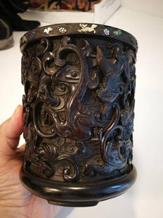 Rare Antique Chinese Zitan Carving Brushpot: Rare Antique Chinese Zitan Brushpot, Carved Nine Dragons and Inlaid Treasure. D 4 3/4 inches, H 5 1/2 inches.