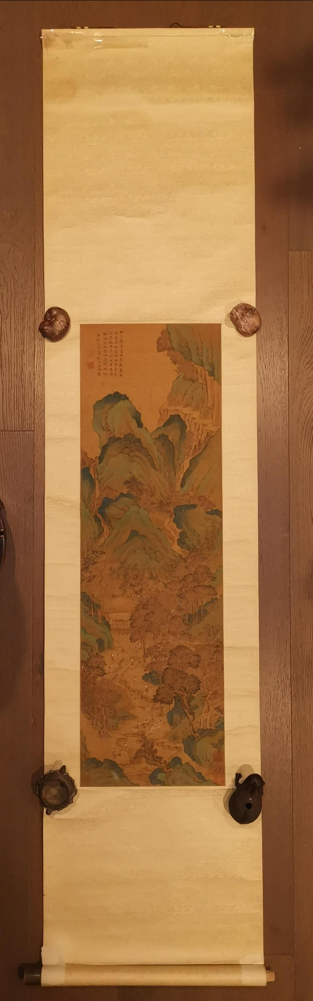 CHINESE LANDSCAPE PAINTING SCROLL SIGNED ARTIST WEN: CHINESE LANDSCAPE PAINTING HANGING SCROLL, SIGNED BY MING DYNASTY ARTIST WEN ZHENGMING. PAINTING SIZE 12 1/2 X 40 INCHES.