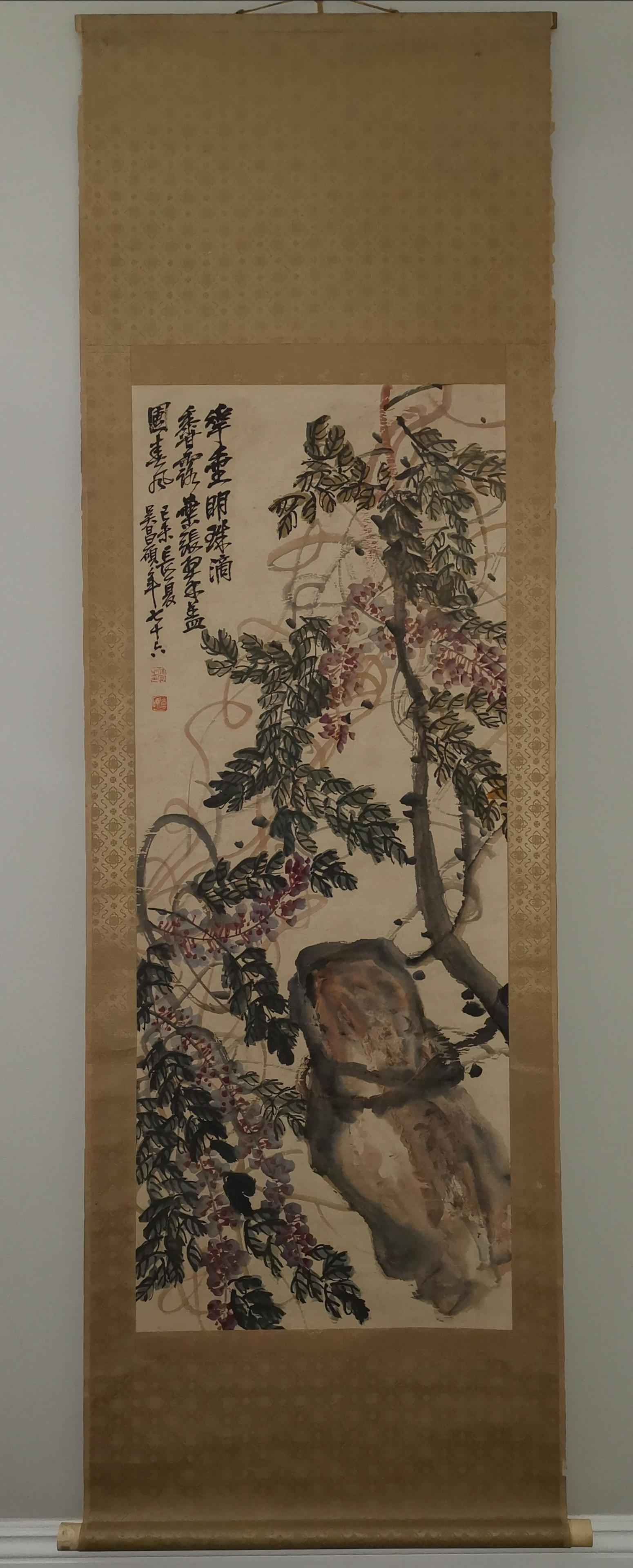 CHINESE FLOWER PAINTING HANGING SCROLL SIGNED WU: CHINESE FLOWER PAINTING HANGING SCROLL, SIGNED BY ARTIST WU CHANGSHUO (1844-1927). PAINTING SIZE 19 3/4 X 49 3/4 INCHES.