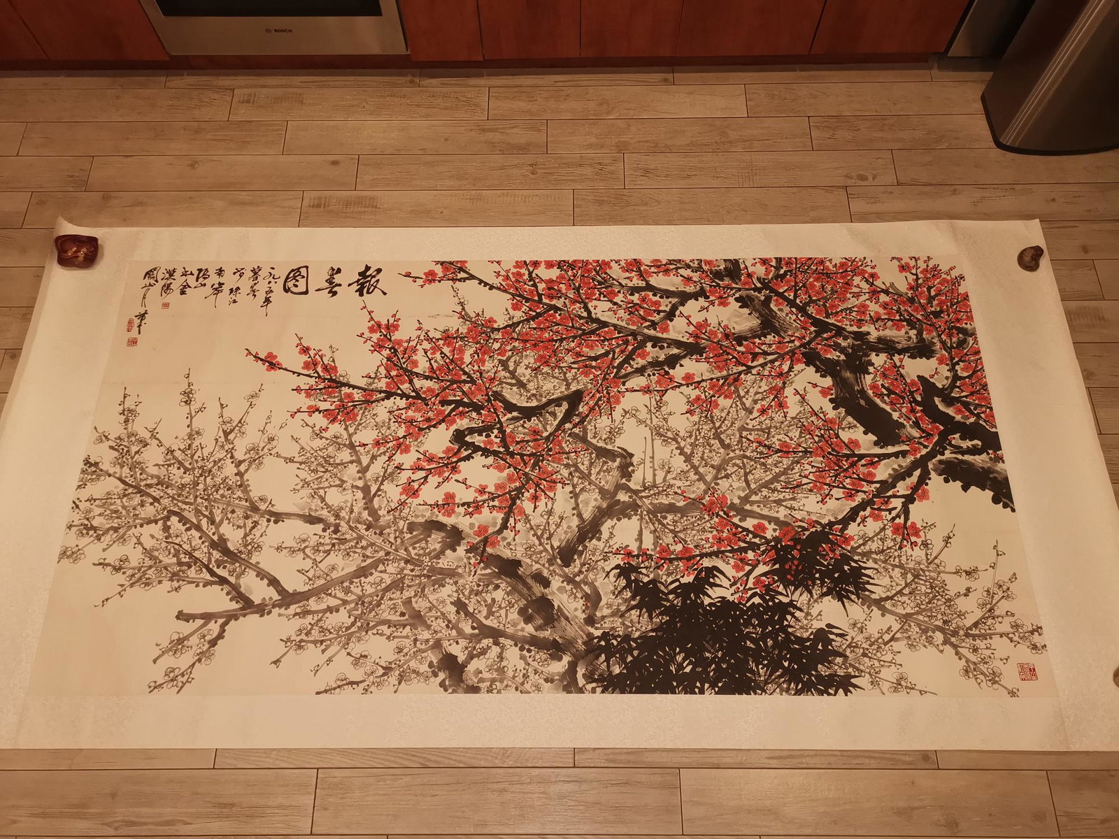 HUGE RED PLUM PAINTING SIGNED BY ARTIST GUAN SHANYUE IN: HUGE RED PLUM PAINTING SIGNED BY ARTIST GUAN SHANYUE IN 1985. PAINTING SIZE 48 3/4 X 96 INCHES.