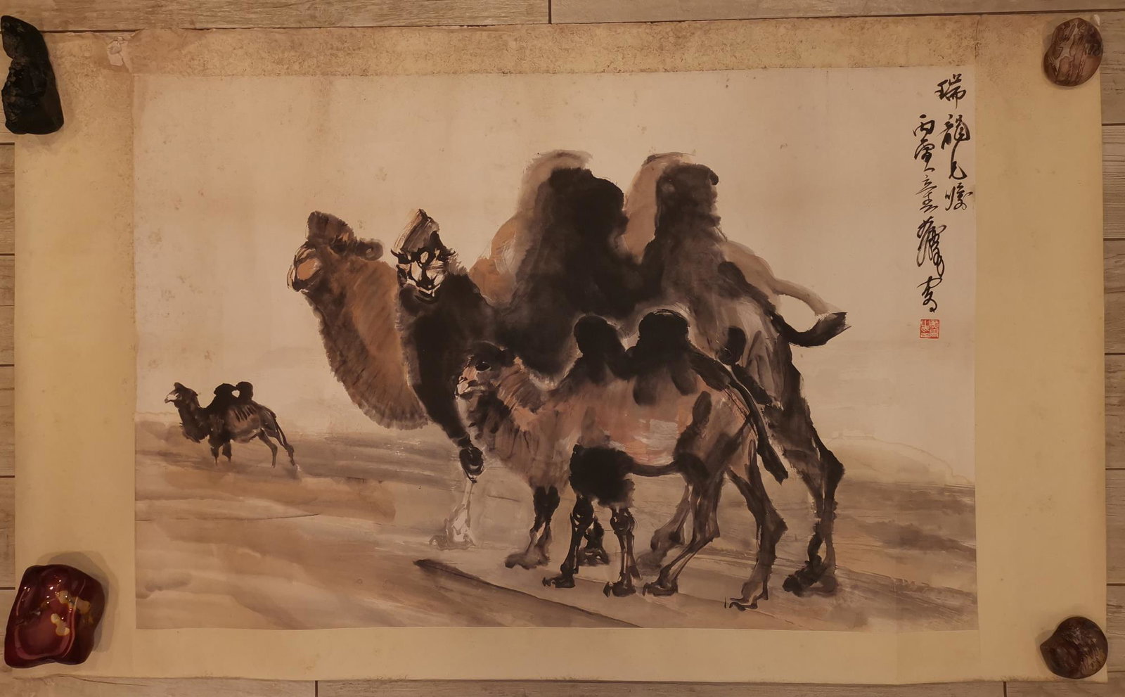 CAMEL PAINTING INK ON PAPER SIGNED BY ARTIST HUANG ZHOU: CAMEL PAINTING INK ON PAPER SIGNED BY ARTIST HUANG ZHOU(1925-1997). PAINTING SIZE 40 1/2 X 26 3/4 INCHES.