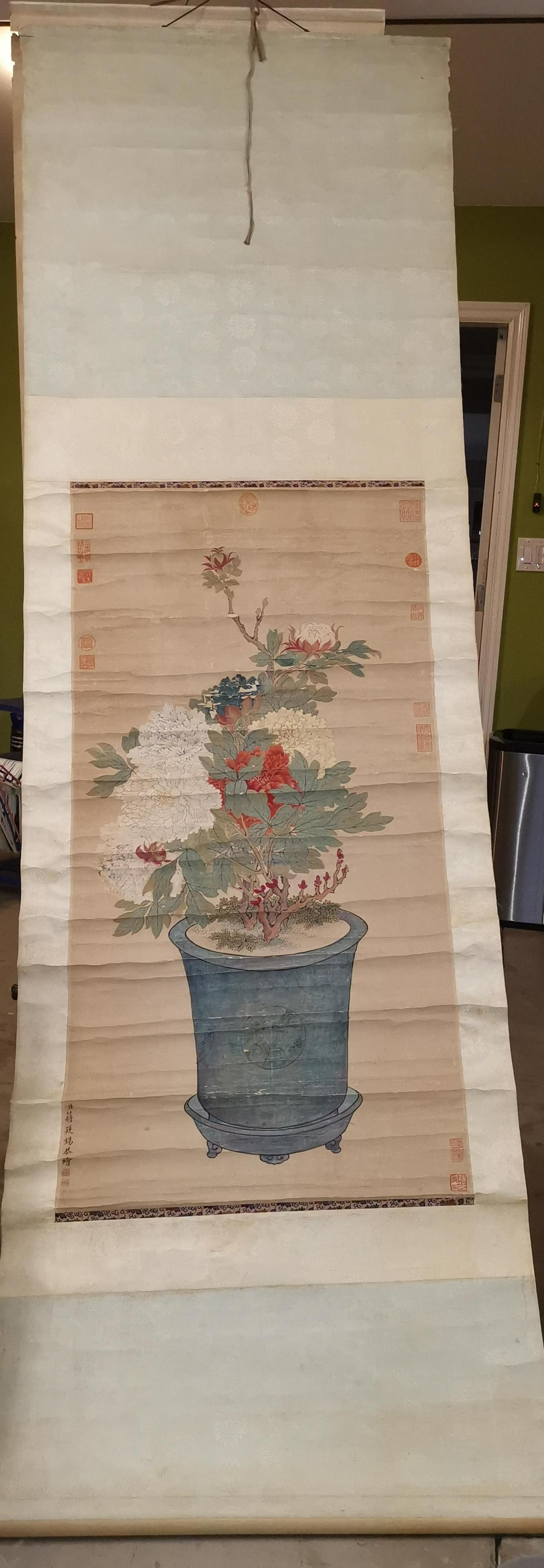 ATTRIBUTED JIANG TINGXI FLOWER PAINTING SCROLL: ATTRIBUTED JIANG TINGXI FLOWER PAINTING SCROLL. SIGHT 23 X 46 INCHES.