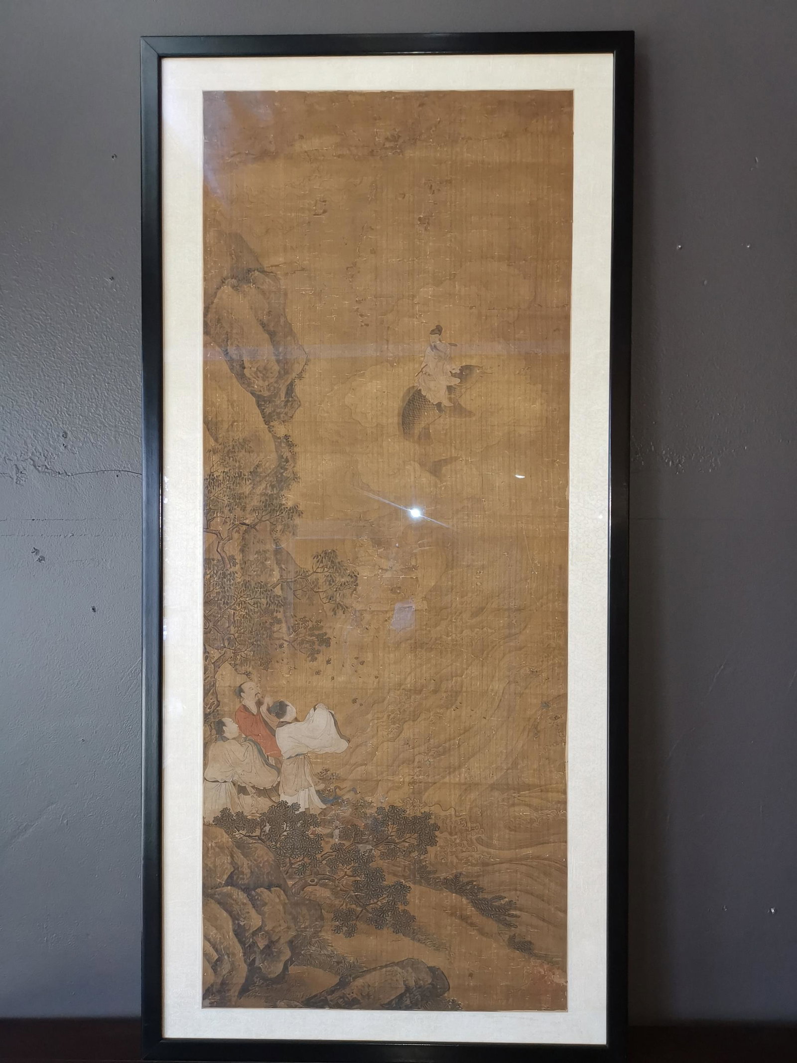 MING DYNASTY FIGURE LANDSCAPE PAINTING HANGING SCREEN ON SILK: MING DYNASTY FIGURE LANDSCAPE PAINTING HANGING SCREEN ON SILK. SIGHT 44 1/2 X 18 INCHES.