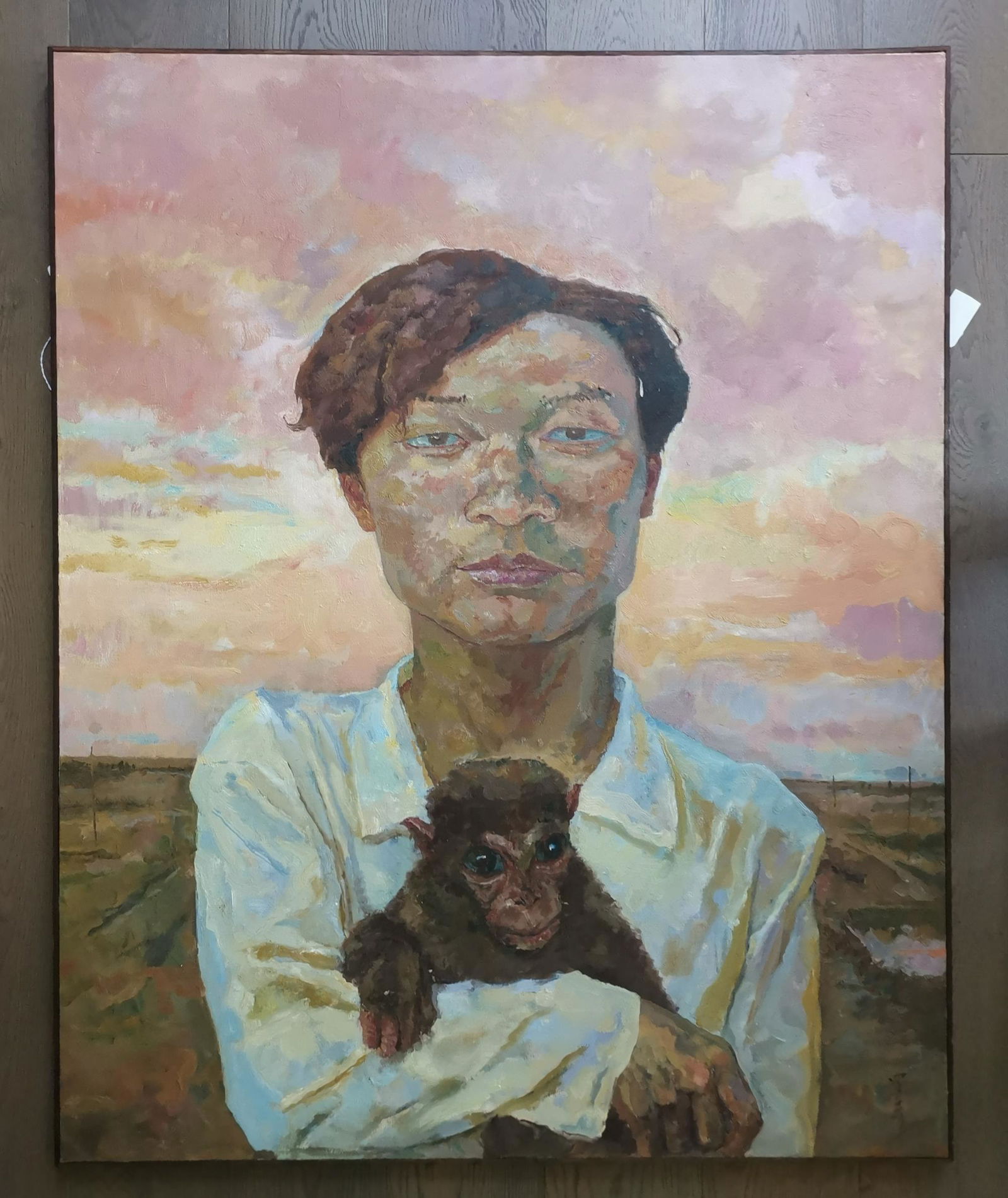 LUO QING(B.1970) OIL PAINTING MAN CARRYING A MONKEY IN 2001 (1 of 8)