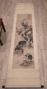 ZHANG YU(1734-1803) FLOWER BIRD PAINTING SCROLL: ZHANG YU(1734-1803) FLOWER BIRD PAINTING SCROLL. SIGHT 18 1/2 x 68 1/4 INCHES.